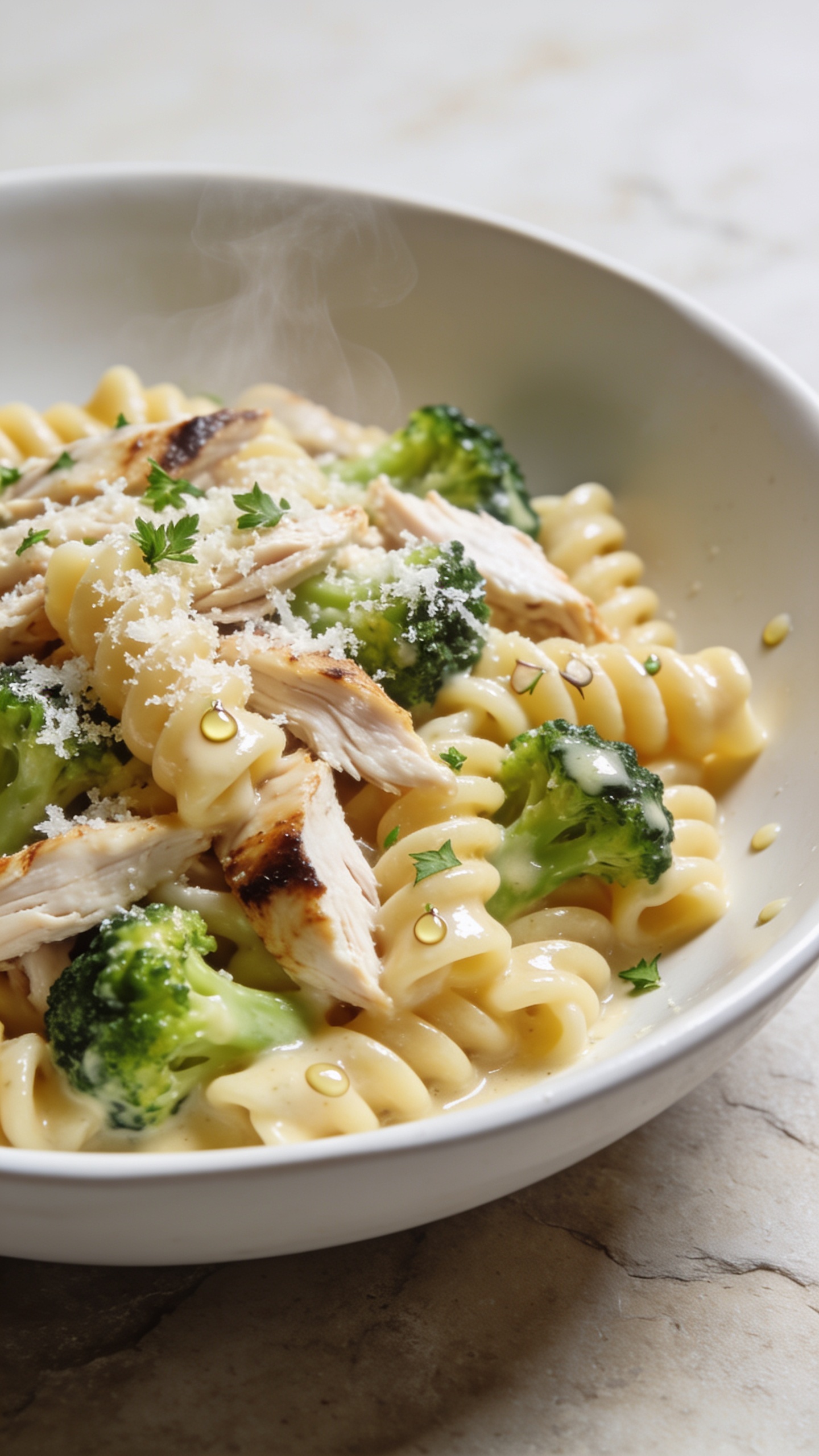 Extreme close-up hero shot of High Protein Rotisserie Chicken Broccoli Pasta: al dente short pasta (rotini) coated in a glossy, creamy-but-light parmesan-garlic sauce; generous shreds of juicy rotisserie chicken (white and dark meat) nestled throughout; tender bright-green broccoli florets with crisp edges; a light scatter of freshly grated parmesan and finely chopped parsley; a few micro droplets of sauce clinging to pasta ridges; subtle steam rising. Styled in a shallow wide white ceramic bowl that fills 90–95% of the frame, on a neutral light stone surface. Bright natural side lighting, shallow depth of field, rich textures, no text, no hands, premium food-blog look.