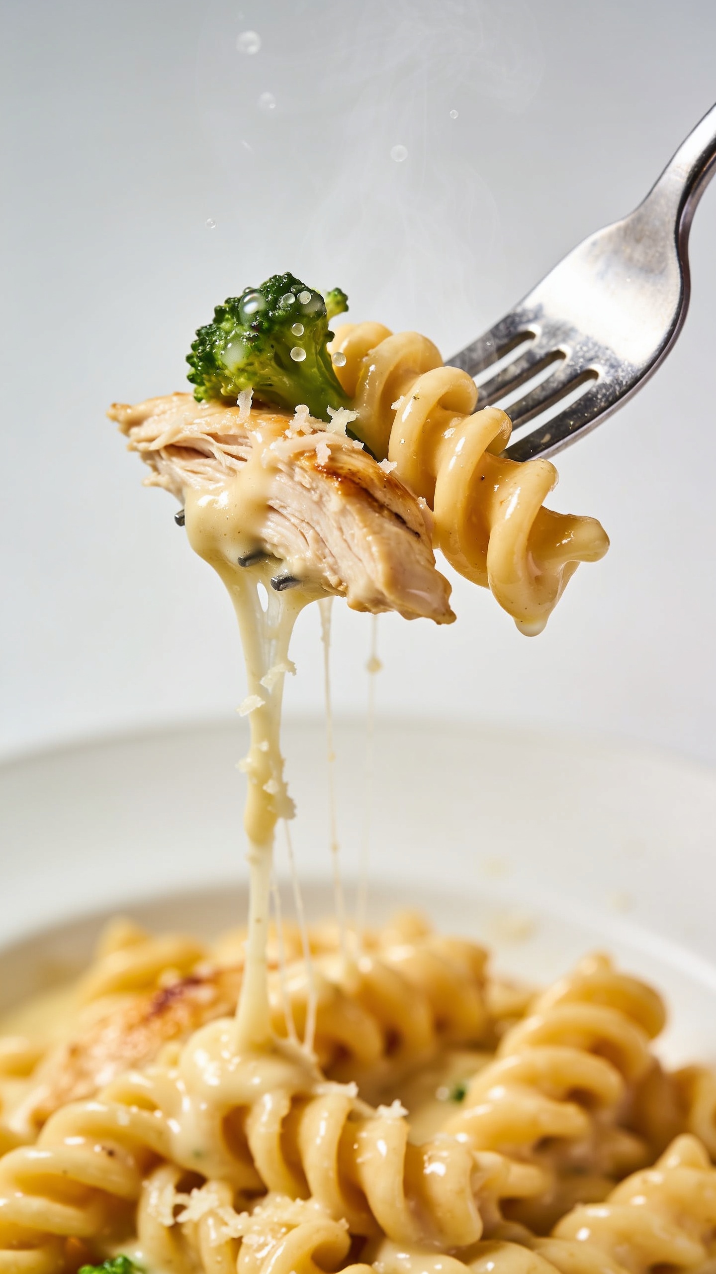Dynamic action close-up: a polished stainless fork lifting the perfect bite from the same bowl—one rotini curl swirled with glossy creamy sauce, a strand of melted parmesan stretching back to the plate, a succulent shred of rotisserie chicken and a small broccoli floret speared together; micro-beads of sauce glistening; faint steam visible. Background shows the rest of the pasta slightly blurred but clearly matching the same dish. Food fills 90–95% of frame, bright natural light, shallow depth of field, no hands or people, magazine-cover anticipation one second before the bite.