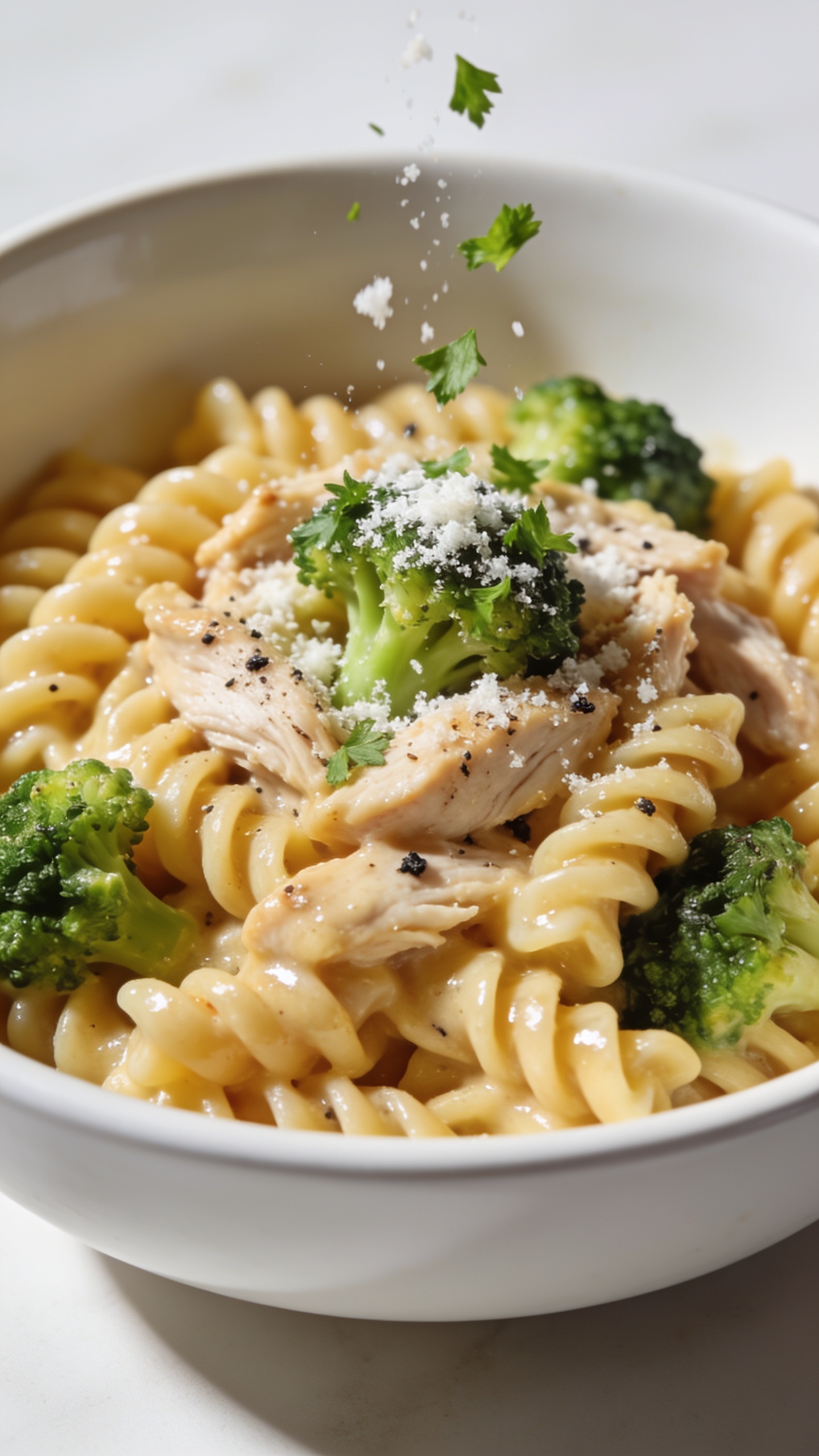 Tight macro angle from slightly overhead: the same finished pasta mounded in the same white bowl, emphasizing textures—sauce sheen hugging each rotini spiral, juicy chicken shreds, vibrant broccoli crowns, tiny cracks of black pepper, fine snow of parmesan, and a fresh sprinkle of parsley mid-fall (a few flakes captured in the air). Bright natural lighting with soft shadows, shallow depth of field focused on the saucy pasta center, food filling 90–95% of frame, cohesive with the other images, no text, no hands.