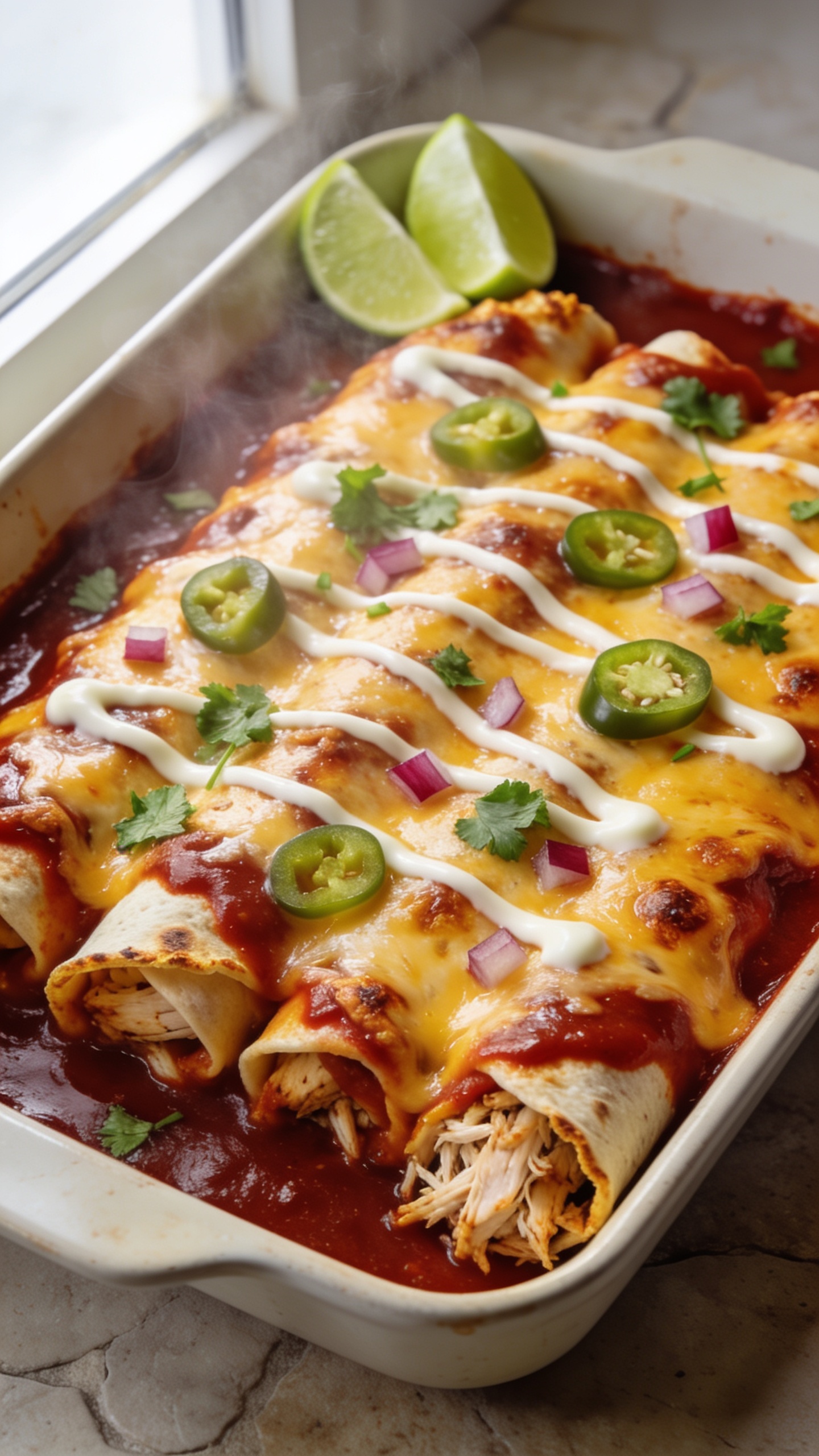 Ultra-close hero shot of a baking dish filled with high-protein rotisserie chicken enchiladas, smothered in glossy deep-red enchilada sauce and blanketed with melted golden-brown cheese; a tight row of rolled tortillas nestled together, edges slightly crisp, cheese bubbling and blistered; shredded rotisserie chicken peeking from the ends; garnished with finely chopped fresh cilantro, thinly sliced jalapeño rounds, and a few diced red onions; lime wedges tucked at the edge of the dish; a light drizzle of crema zigzagging across the top; bright natural window light from the left, shallow depth of field, creamy bokeh, food filling 90–95% of frame, premium food-blog styling on a neutral stone surface.