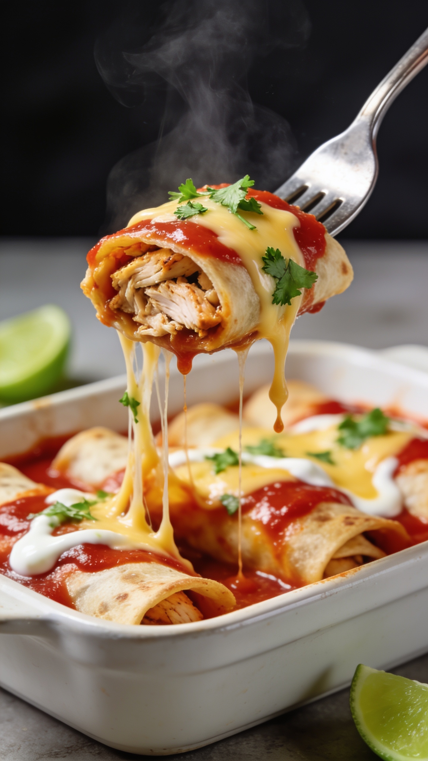 Dynamic action close-up capturing a fork lifting the perfect bite of enchilada: a tender roll of tortilla with juicy rotisserie chicken inside, strands of melted cheese stretching from the baking dish to the fork; glossy red enchilada sauce clinging and slowly dripping; flecks of cilantro stuck to the cheese; steam subtly rising to suggest heat; background softly blurred with the remaining enchiladas in the dish, lime wedge and crema drizzle barely visible; bright natural light, shallow depth of field, food dominating 90–95% of frame, no hands visible, premium magazine-cover energy.