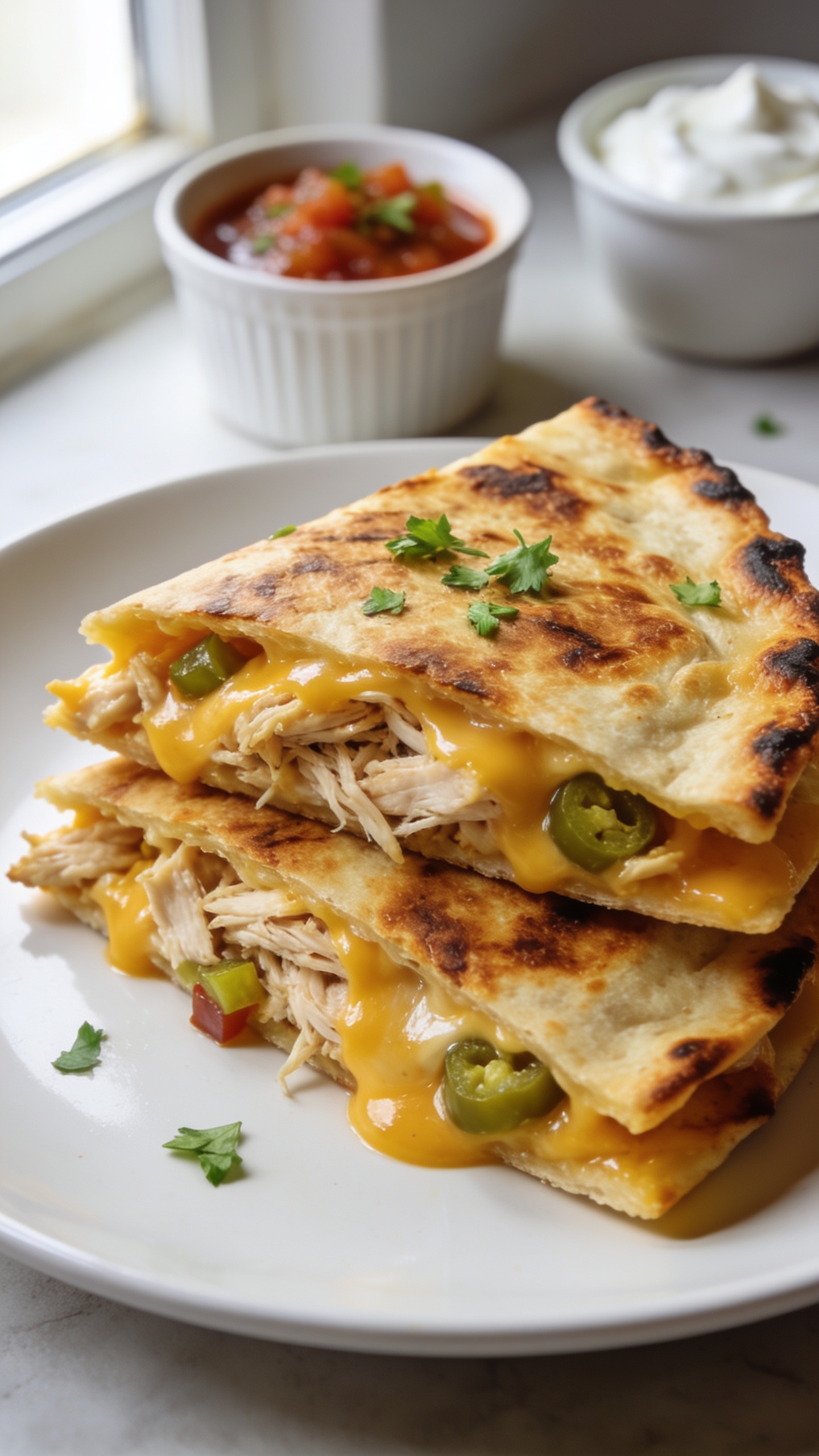 Ultra-close-up hero shot of a single golden-brown rotisserie chicken quesadilla cut into triangles and stacked slightly offset on a matte white plate, edges deeply crisp and blistered, melted cheddar-jack cheese visibly oozing at the seams, shredded rotisserie chicken and a few specks of diced jalapeño peeking out, tiny flecks of fresh cilantro scattered on top, a small ramekin of salsa and another of Greek yogurt or sour cream slightly out of focus in the background, bright natural window light from the left, shallow depth of field, glossy cheese shine, warm tones, food filling 90–95% of frame, premium food-blog styling consistent across all shots.