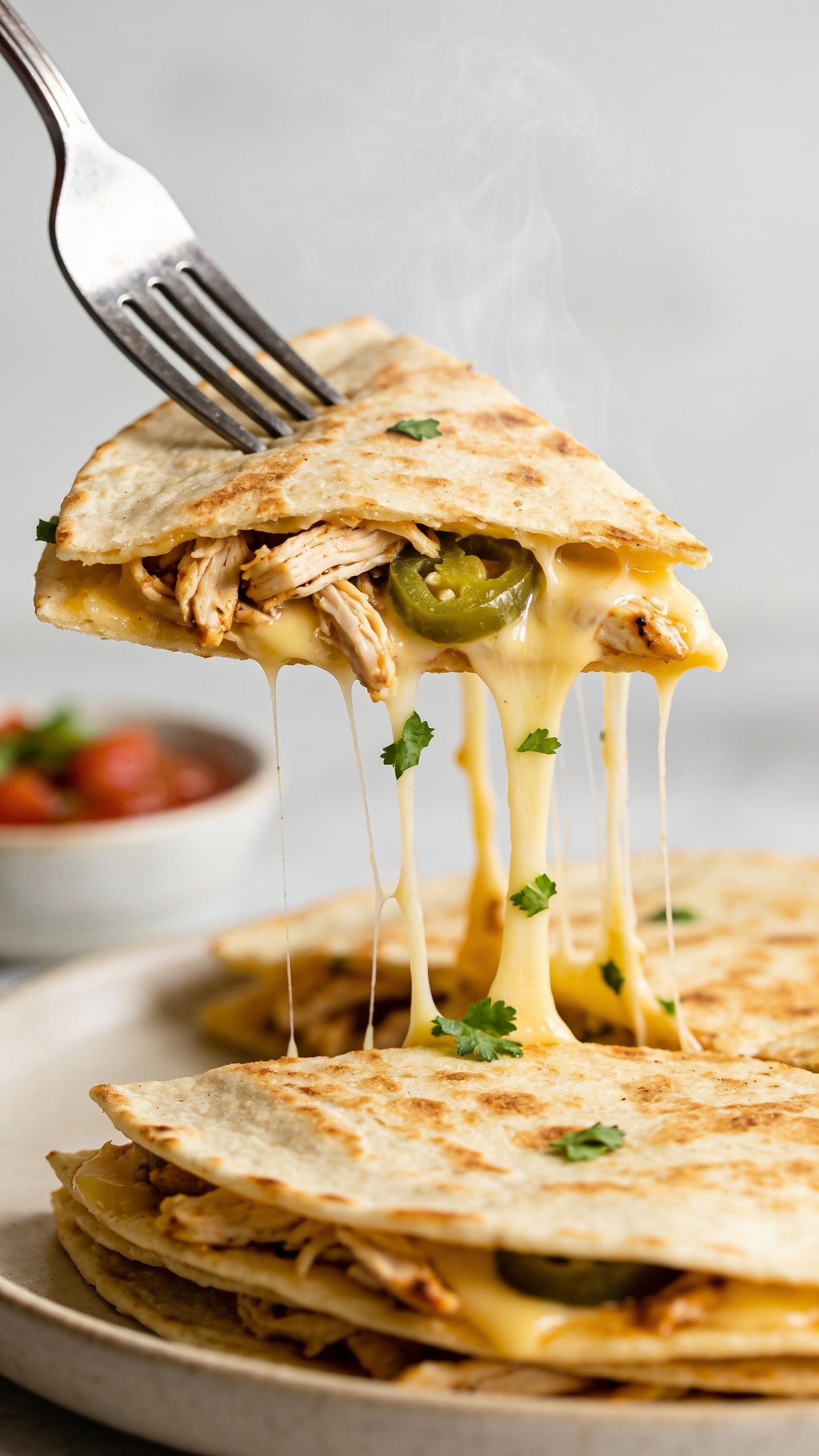 Dynamic action close-up capturing the exact moment a fork lifts a perfect triangular bite from the quesadilla stack: cheese stretching in long, molten strands from the lifted bite back to the remaining wedge, juicy shreds of rotisserie chicken and a hint of jalapeño inside the bite, steam faintly visible, cilantro flecks clinging to the cheese, salsa bowl softly blurred in the background, bright natural lighting, shallow depth of field, food dominating 90–95% of frame, no hands visible—only the fork and the quesadilla.