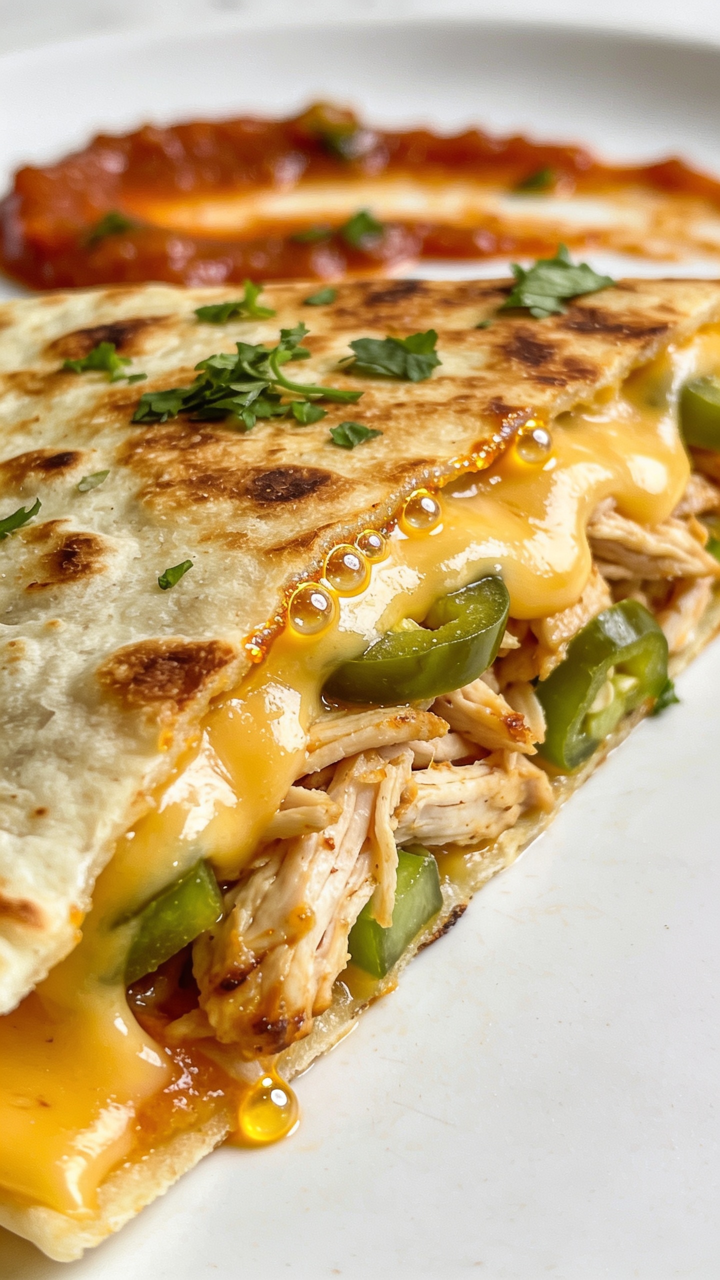 Macro-level close-up of a single quesadilla wedge lying flat, shot at a low angle from the cut side to reveal layers: toasted flour tortilla with crisp, blistered spots; a thick, glossy layer of melted cheese; generous rotisserie chicken shreds; a touch of diced green jalapeño and cilantro; edges slightly oily and crisp, a tiny bead of cheese glistening at the cut line, a light sprinkle of cilantro on top with a smear of salsa in soft focus behind, bright natural light, shallow depth of field, rich textures, food filling 90–95% of frame, matching styling and appearance to images 1 and