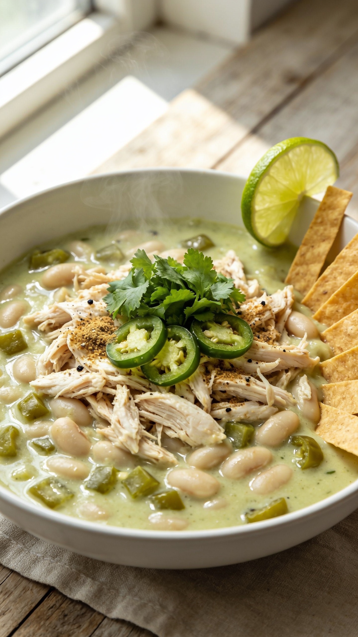 Ultra-close hero shot of a creamy white chicken chili in a wide, shallow white bowl, packed with shredded rotisserie chicken, tender white beans, and diced green chiles in a glossy, pale green-ivory broth; garnished with a tight cluster of fresh cilantro leaves, thinly sliced jalapeño, a squeeze of lime wedge perched on the rim, and a light sprinkle of toasted cumin and black pepper; a few golden tortilla strips fanned along one edge for crunch; steam rising subtly; bright natural window light from the left, soft shadows, shallow depth of field, rustic light wood surface, neutral linen under the bowl; rich, inviting textures with visible chicken shreds and creamy broth sheen; 90–95% of the frame filled with the bowl.