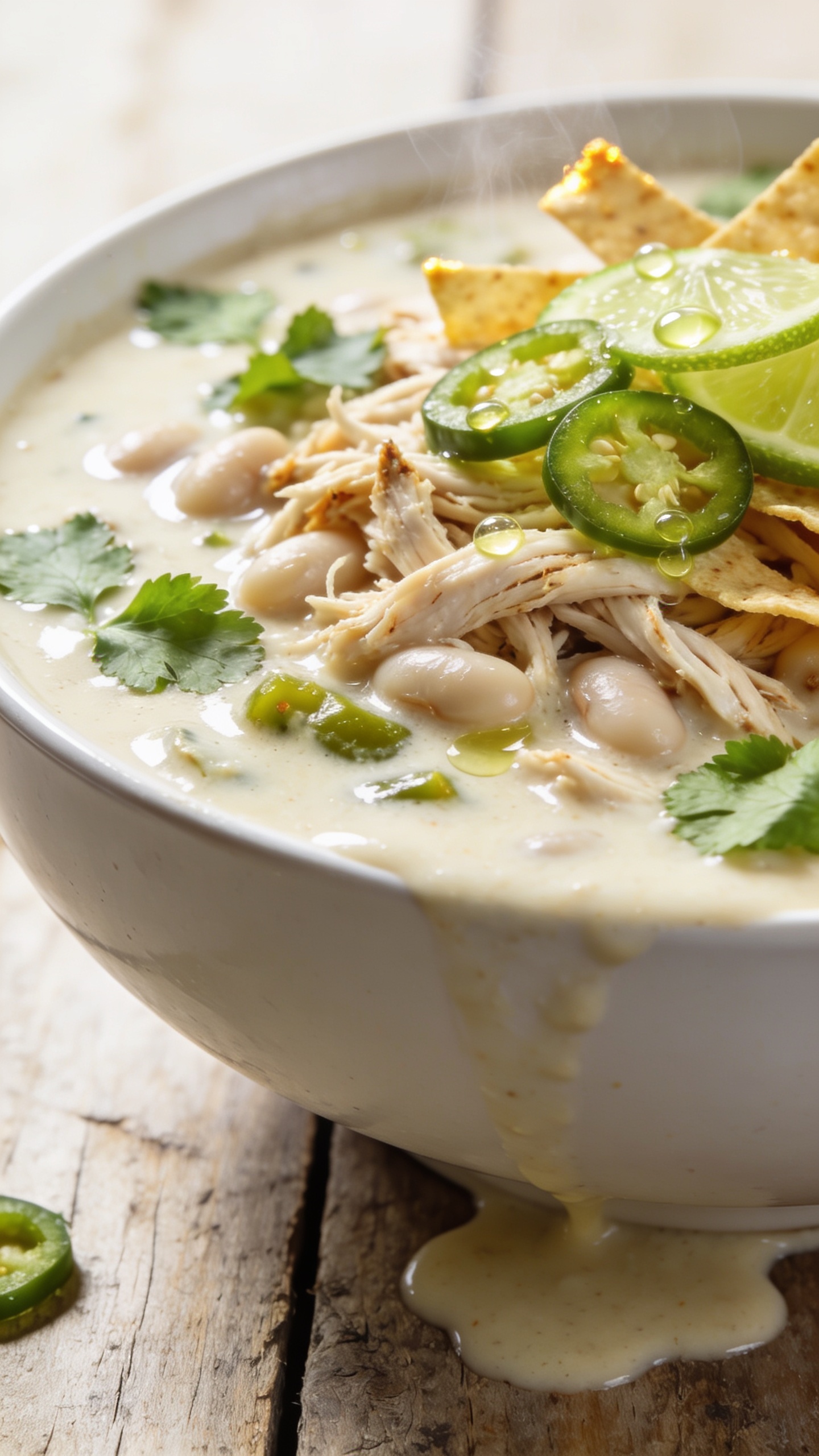 Extreme close-up from a 45-degree angle of the same finished white chicken chili showing luscious surface detail: glistening creamy broth pooling around ribbons of shredded rotisserie chicken, plump white beans, and specks of green chile; fresh cilantro leaves scattered, ultra-thin jalapeño rings, and a delicate drizzle of fresh lime juice beading on top; a few crisp tortilla strips catching highlights at the edge; subtle steam rising; bright natural lighting, shallow depth of field with the front edge in razor focus and a soft falloff; styled on the same white bowl and rustic light wood to match the hero; food covers 90–95% of the frame.