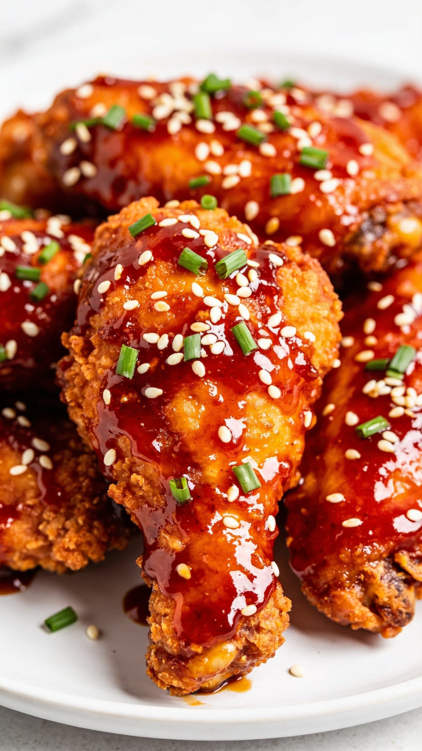 A stunning hero close-up of the finished High Protein Air Fryer Hot Honey Chicken on a pristine plate, golden-brown crisp coating glistening with a sticky honey-hot glaze, sesame seeds and fresh chives sprinkled on top, vibrant red-orange hue from the glaze, rich textures, shallow depth of field, bright natural lighting, no text, the plate filling 90–95% of the frame.