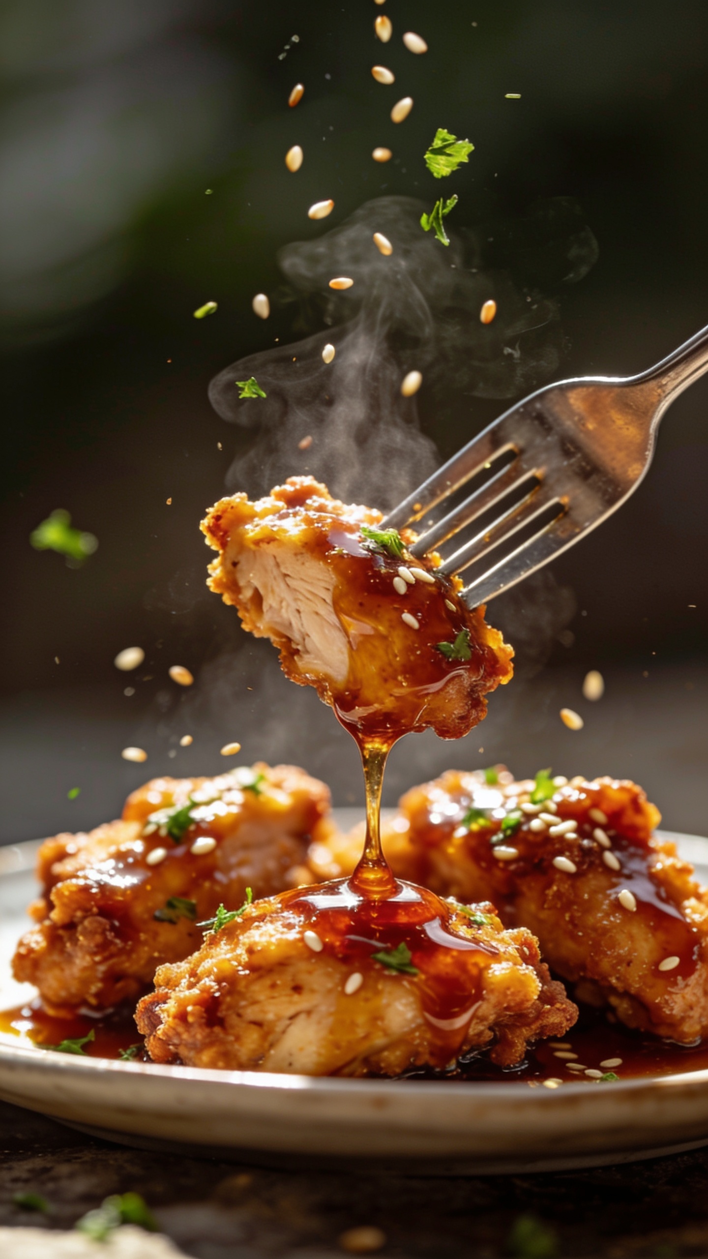A dynamic action shot at the exact moment a fork lifts a perfect bite from the plate, glossy hot honey glaze cascading from the chicken bite, steam just beginning to rise, the crisp coating catching the light, herb flecks and sesame seeds suspended mid-air, ultra-close-up, shallow depth of field, natural daylight, hands or fingers not visible, food dominating the frame.