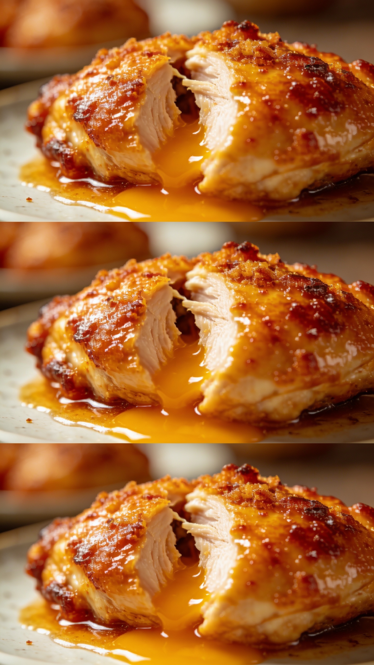 A trio of ultra-close-up angles of the finished chicken from slightly different perspectives, focusing on juicy interior peeking through a crack in the crispy crust, rich glaze pooling, melted contrasts of tender inside and crunchy exterior, glossy surface, vibrant colors, premium food-blog styling, bright natural light, shallow depth of field, food occupying 90–95% of the frame, no text.