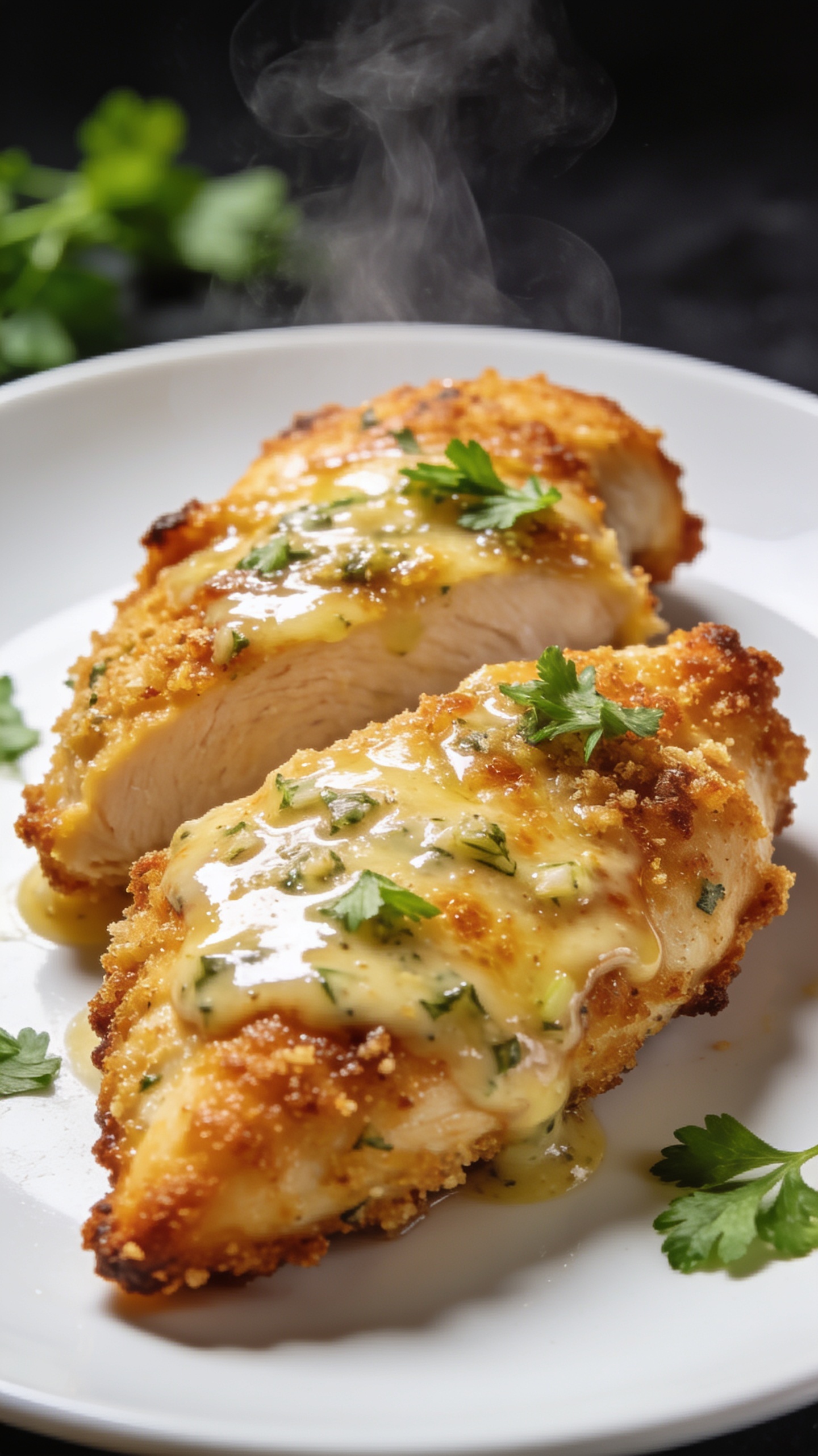 A stunning hero close-up of the finished High Protein Air Fryer Garlic Parmesan Chicken plated on a pristine white dish, crispy golden-brown exterior, glossy garlic parmesan sauce glaze slicking the surface, steam faintly rising, fresh parsley lightly sprinkled, vibrant backdrop with natural light, shallow depth of field, food filling 90-95% of frame, no text, angle slightly above and centered to emphasize texture and crisp edges.
