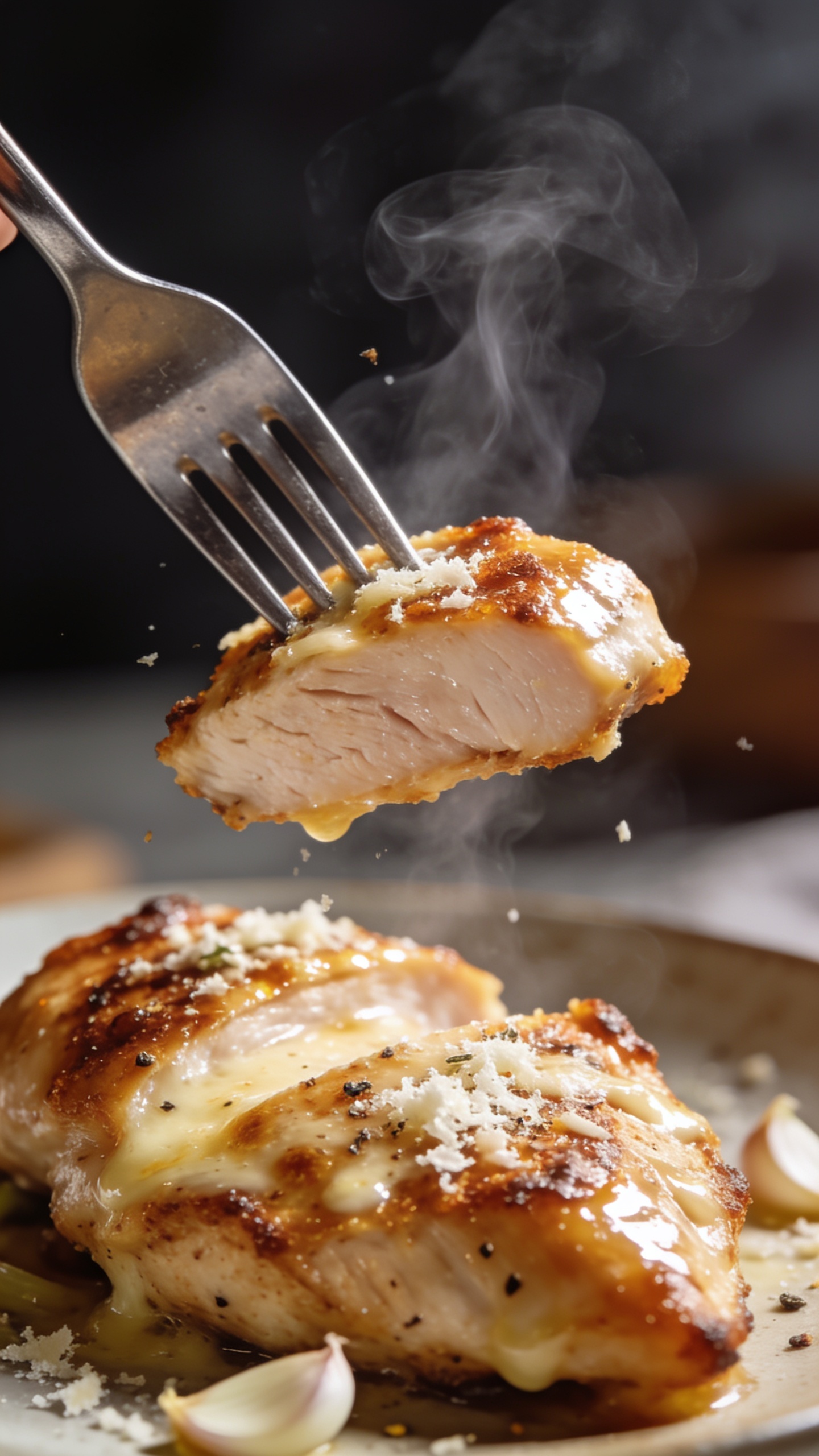 A premium magazine cover moment: a fork lifting the perfect bite of the finished chicken, chicken thigh slice with juicy interior visible, crispy crust catching glints of light, glossy parmesan glaze catching highlights, steam wisps curling, seasoning specks (parmesan, garlic) visible, food dominating frame 90-95%, shallow depth of field, natural bright lighting, no hands or faces, background blurred to emphasize anticipation.
