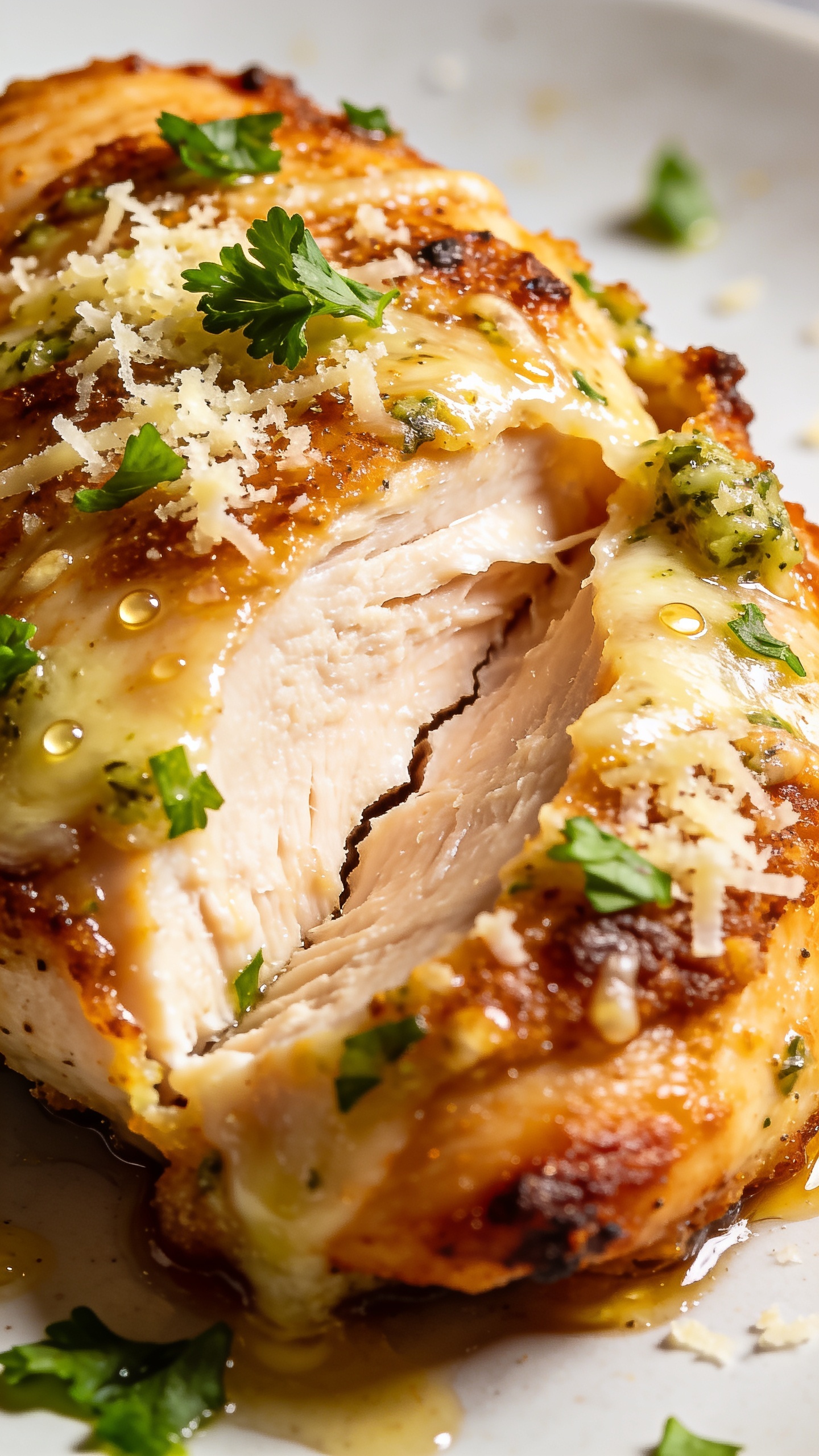 An extreme close-up from a slight side angle: the finished chicken with a thin crack revealing juicy interior, melted parmesan garlicky coating clinging to edges, vibrant green parsley flecks, tiny droplets of sauce catching highlights, rich textures and crisp crust prominent, 90-95% food fill, bright natural light, shallow depth of field, seamless consistency with first image for a cohesive series, no text.