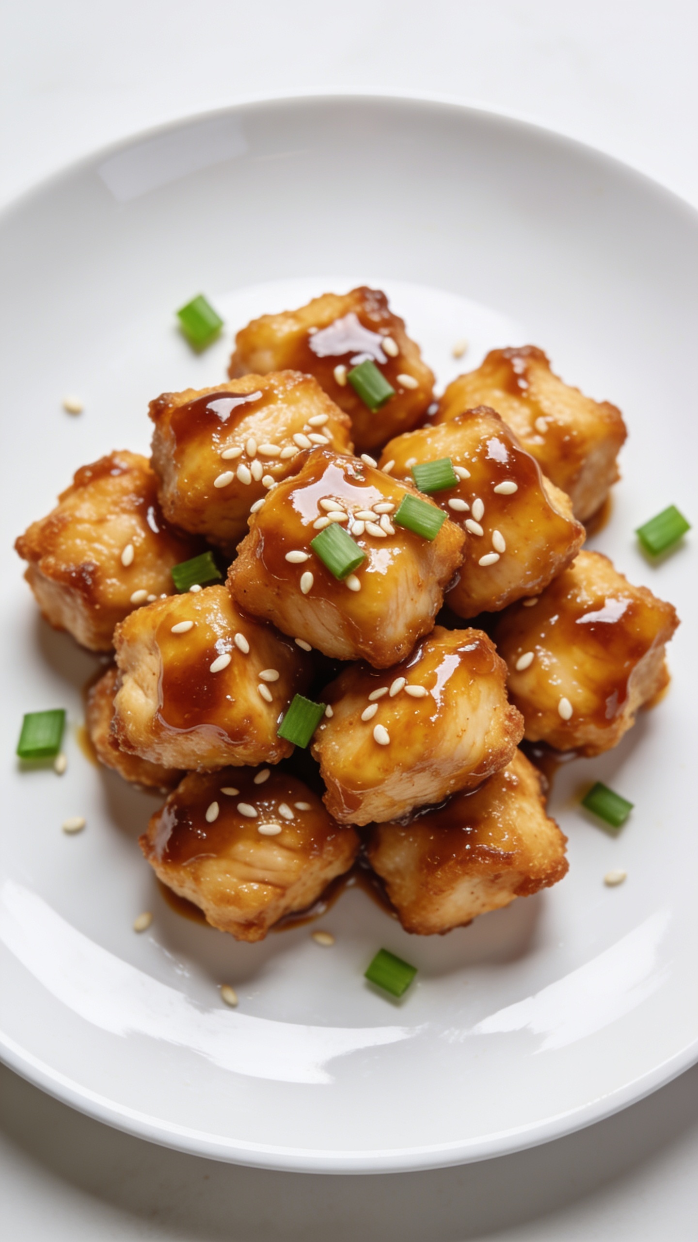 A stunning hero close-up of the finished High Protein Air Fryer Honey Garlic Chicken Bites plated beautifully on a glossy white plate, with crispy golden-brown bites nestled in a neat cluster, glossy honey garlic glaze shimmering, sesame seeds scattered, a few chopped green onions for garnish, vibrant colors, natural bright lighting, shallow depth of field, 90-95% frame fill, no text, food-centric composition.