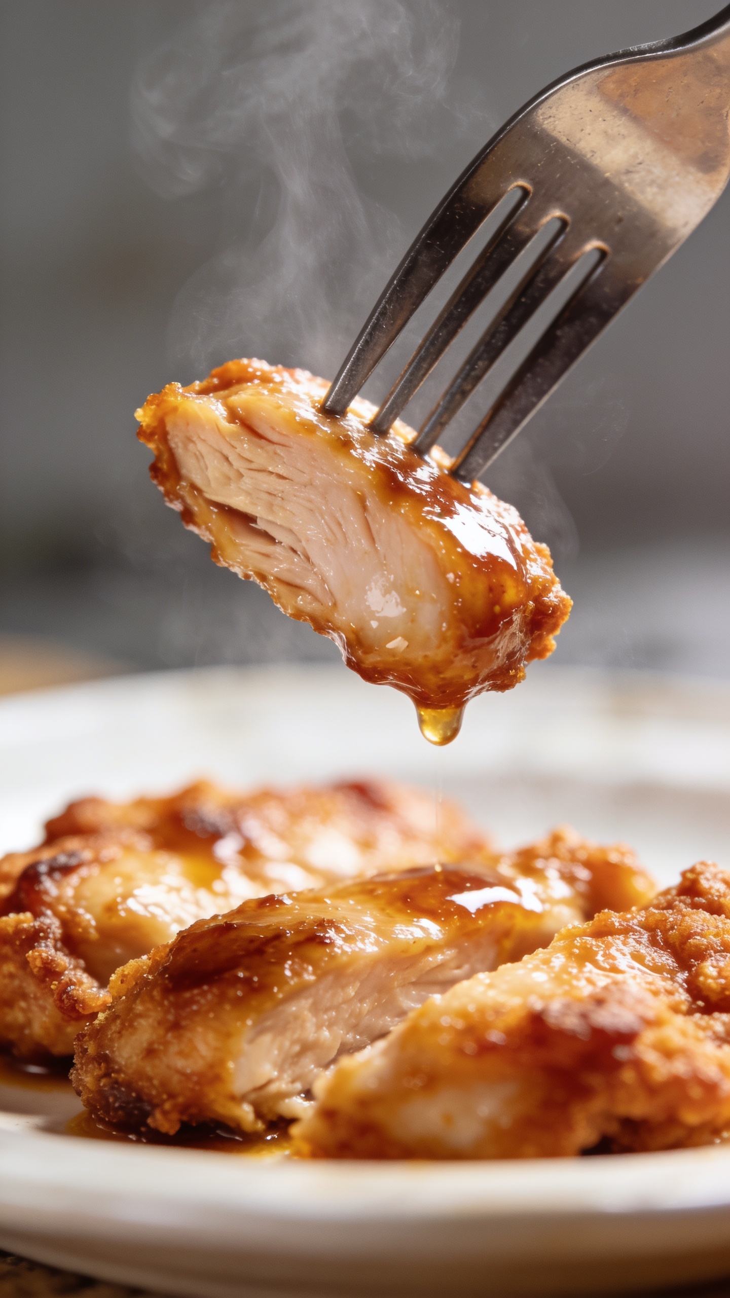 A dynamic, mouthwatering action shot capturing the moment right before the perfect bite is taken: a fork hovering just above a single juicy chicken bite with glossy glaze dripping slightly, steam rising, plate blurred in the background, rich textures of crispy crust and tender interior visible through the bite, bright natural light, shallow depth of field, food as the sole focus, no hands or faces.