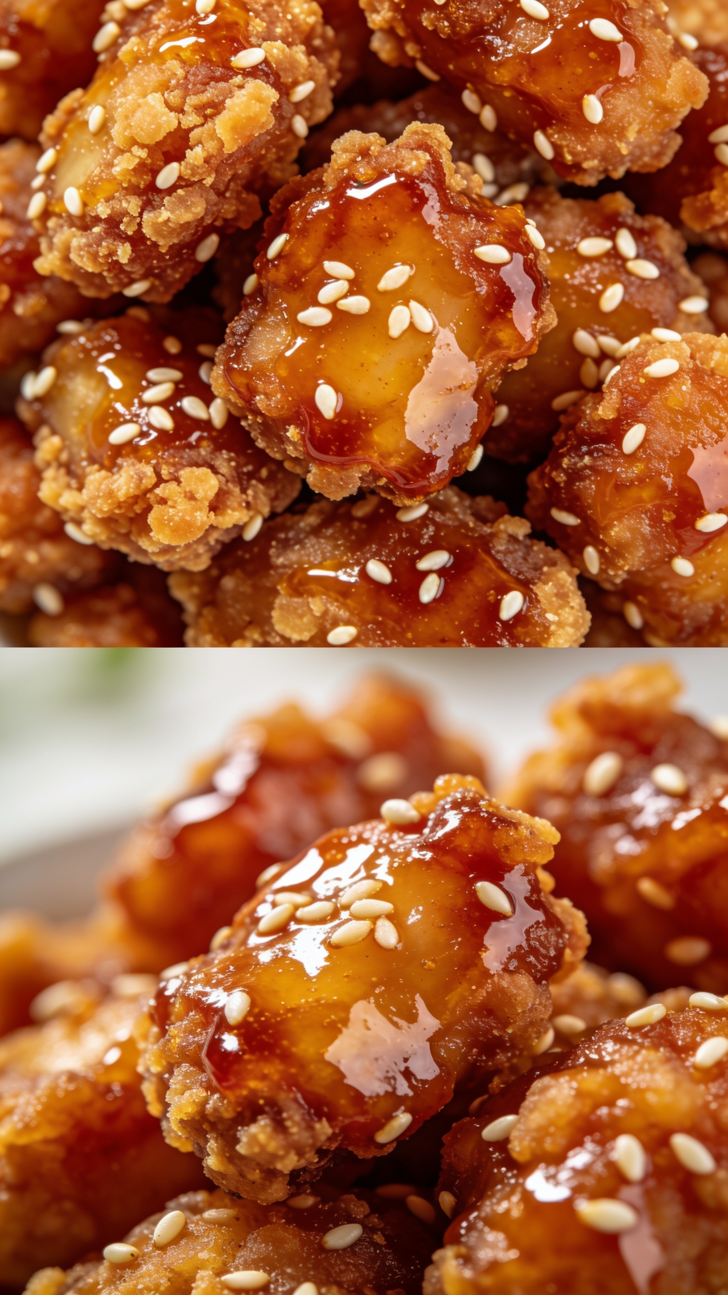 A pair of ultra-close-up, different-angle shots of the finished dish to maintain visual consistency: first angle a top-down macro view highlighting the crispy coating, honey glaze, and sesame seeds; second angle a slight three-quarter angled shot emphasizing juiciness and glaze reflection, both with vibrant colors, high detail, shallow depth of field, natural lighting, food filling the majority of the frame, no text.