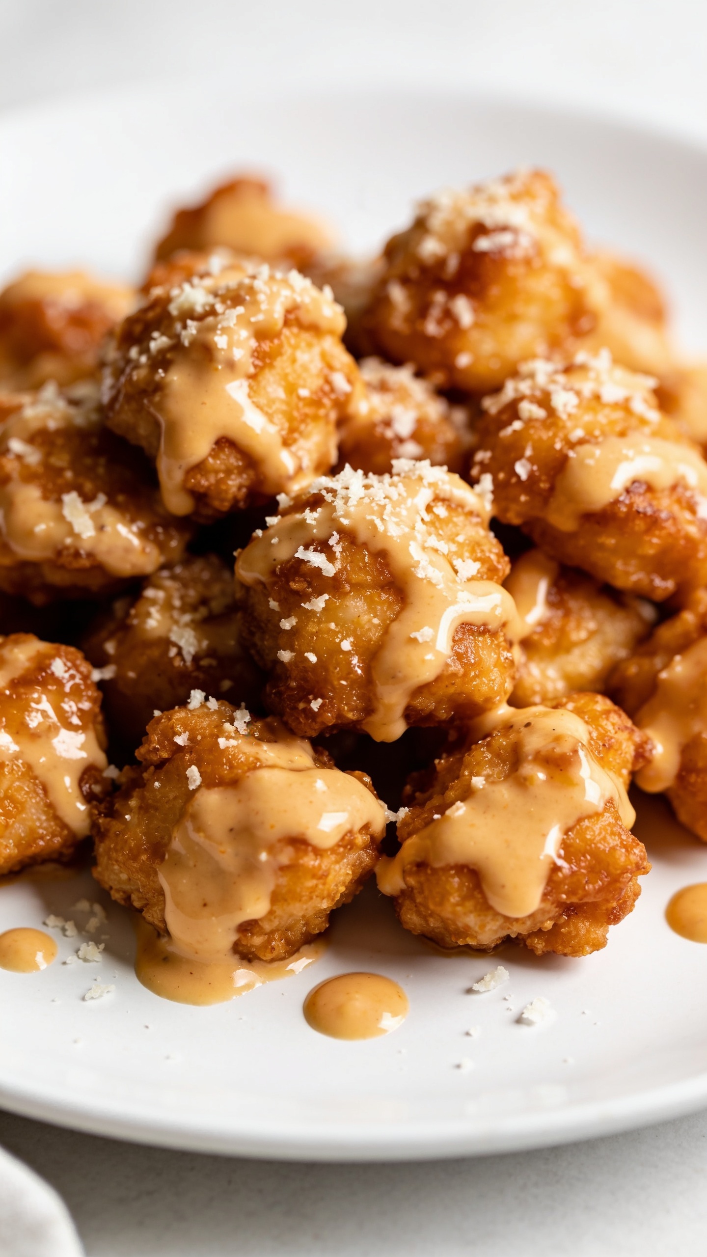 A stunning hero shot of the finished High Protein Air Fryer Bang Bang Chicken plated elegantly on a clean white plate, bright natural lighting, crisp golden-brown bites coated in creamy Bang Bang sauce, Parmesan specks, and a light drizzle of sauce around the plate; no hands, 90–95% of frame filled with the dish, shallow depth of field, rich textures, and a polished food-publishing aesthetic.