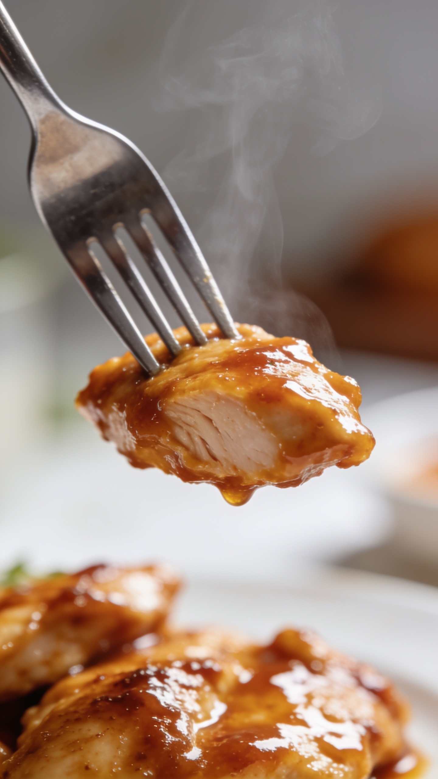 A dynamic close-up action shot showing a fork lifting the perfect bite of the finished Bang Bang chicken, glossy sauce glistening on the chicken surface, steam just barely rising, shallow depth of field with a blurred background, bright natural light, ultra-close crop emphasizing juiciness and texture, no hands visible.