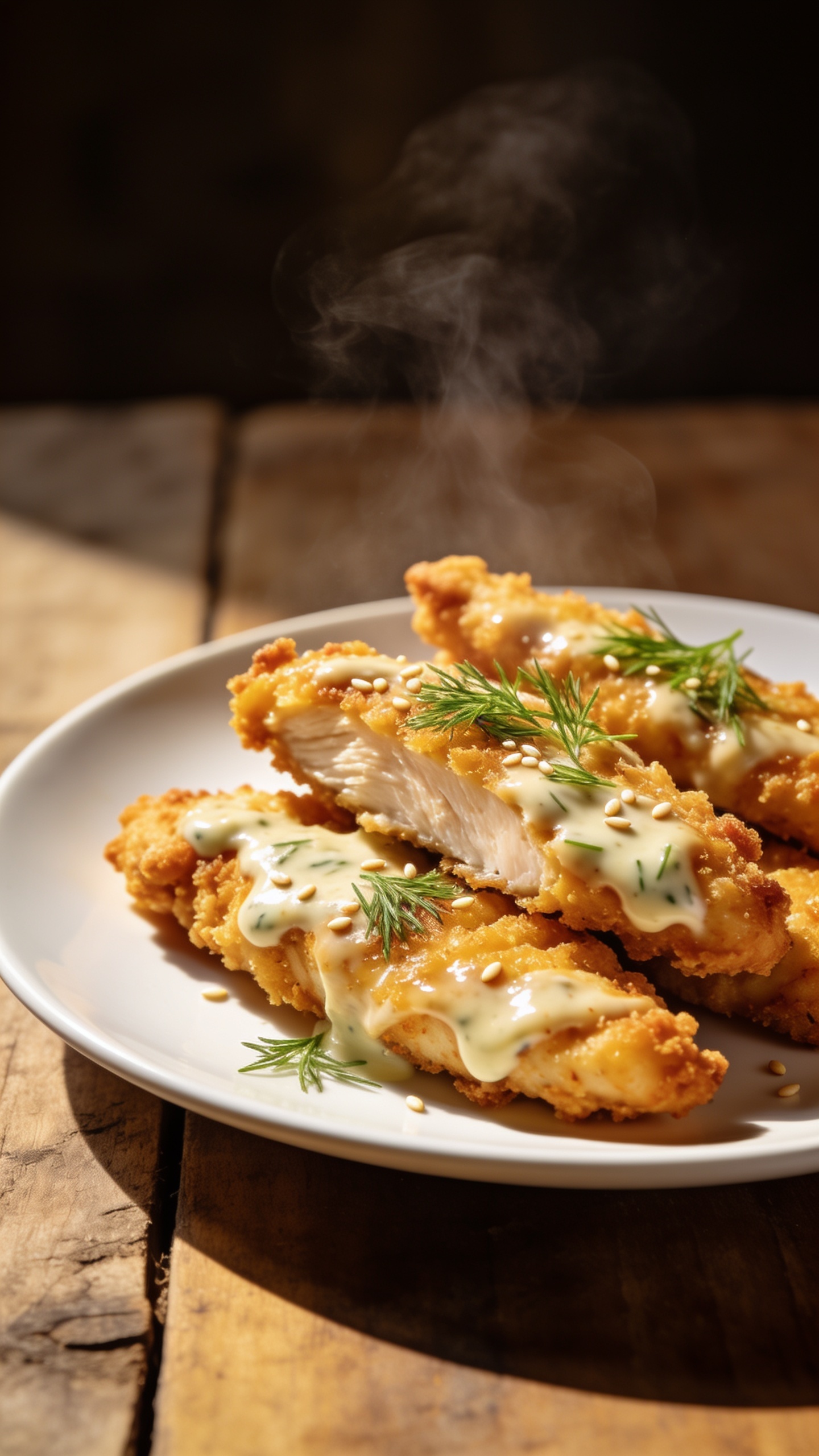 A stunning hero shot of the finished High Protein Air Fryer Crispy Ranch Chicken plated on a sleek white plate, placed on a rustic wooden table. The chicken strips are golden and ultra-crisp with a glossy ranch glaze, sprinkled with fresh dill and a few sesame seeds for color. The plate is perfectly centered, steam barely curling, and natural light from the side highlights the crispy edges and juicy interior; no hands or utensils visible.