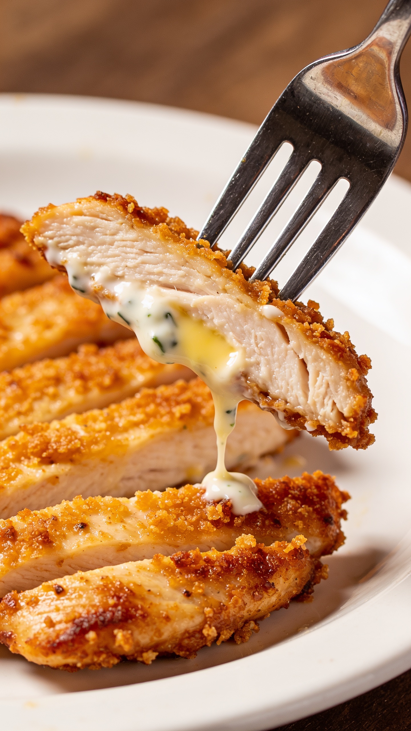 A dynamic close-up action shot capturing a fork lifting the perfect bite of the finished chicken, just before it meets the mouth. The fork glides through a crisp, juicy strip with a trail of ranch glaze clinging to the edge, showing melted interior and crunchy crust. Plate remains in frame with rich colors, shallow depth of field, and bright natural lighting; only the fork and food are visible, no hands.