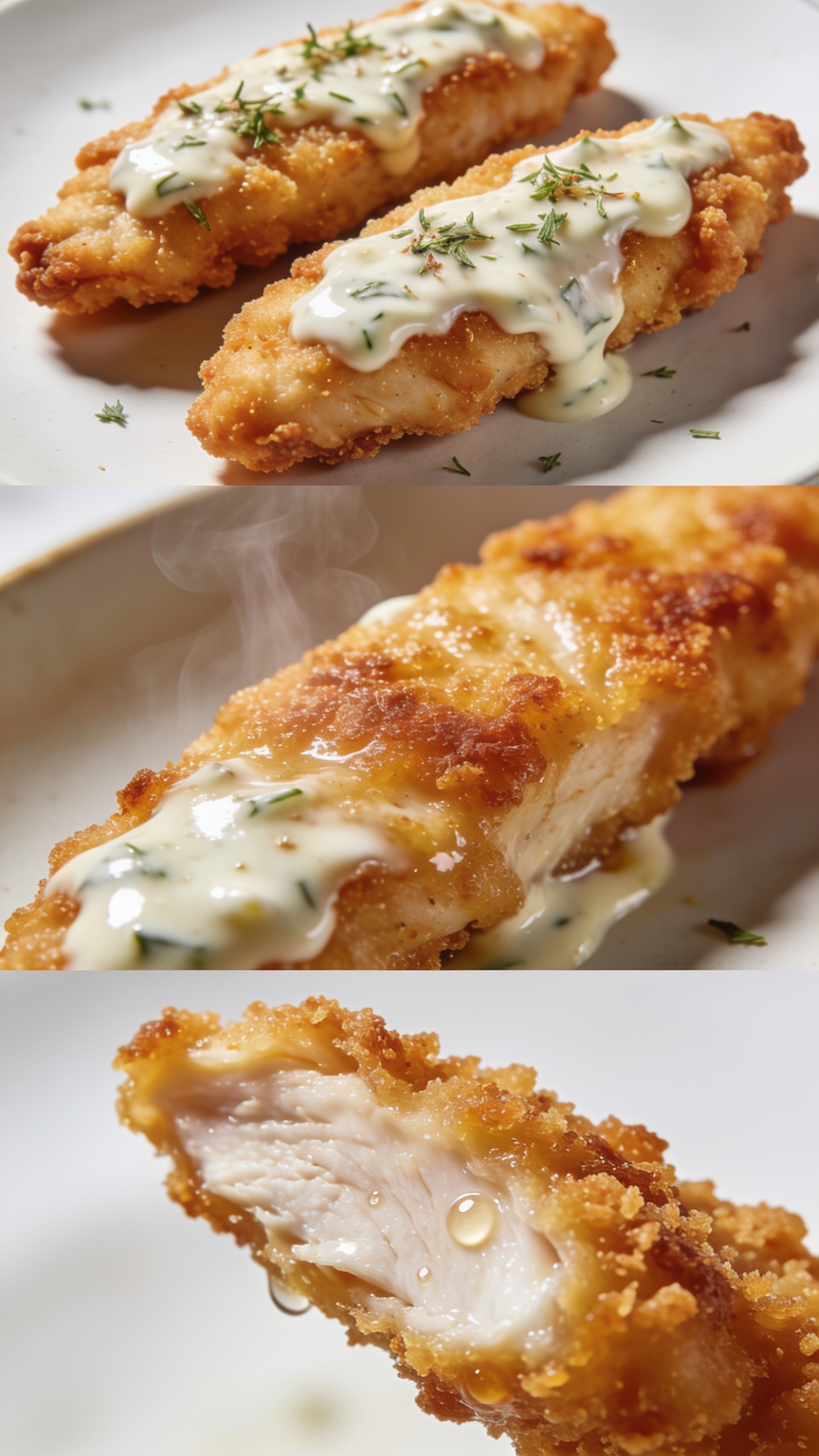 A set of three ultra-close, studio-style angles of the finished dish from different perspectives, emphasizing juicy textures and glossy ranch coating. Close-up 1: top-down view of two crispy chicken strips with a micro-sprinkle of herbs. Close-up 2: angled side view highlighting the crust and steam. Close-up 3: macro shot of a single strip showing the crunchy breadcrumb crust and tender interior, all brightly lit with natural light and shallow depth of field; food fills 90–95% of the frame.