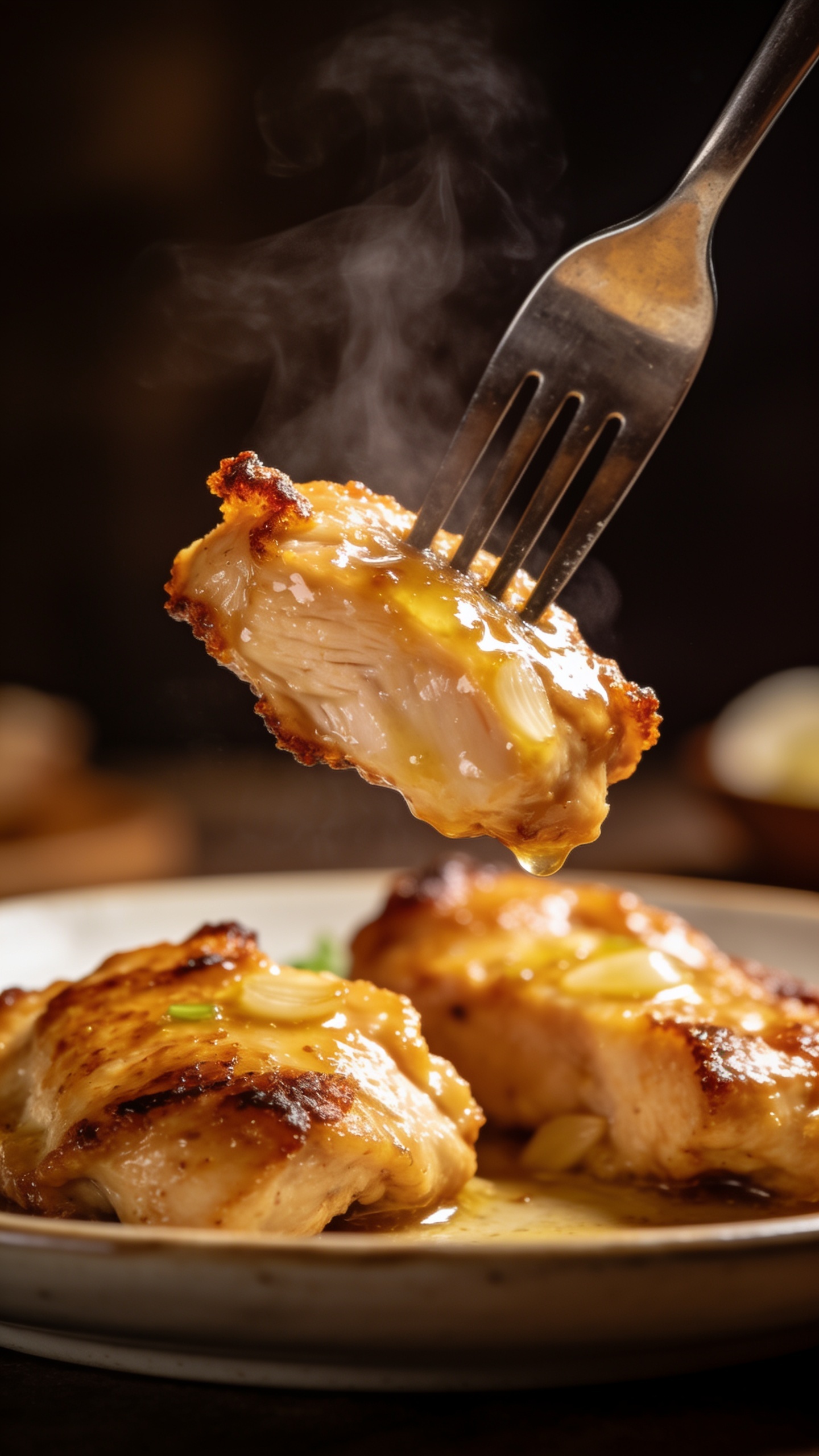 A dynamic close-up action image: a fork lifting the perfect bite of juicy, crisp-edged garlic butter chicken bites, glossy glaze catching the light, steam just about to escape, plate and background softly blurred, focus tightly on the bite with rich textures and sheen, no hands or faces.