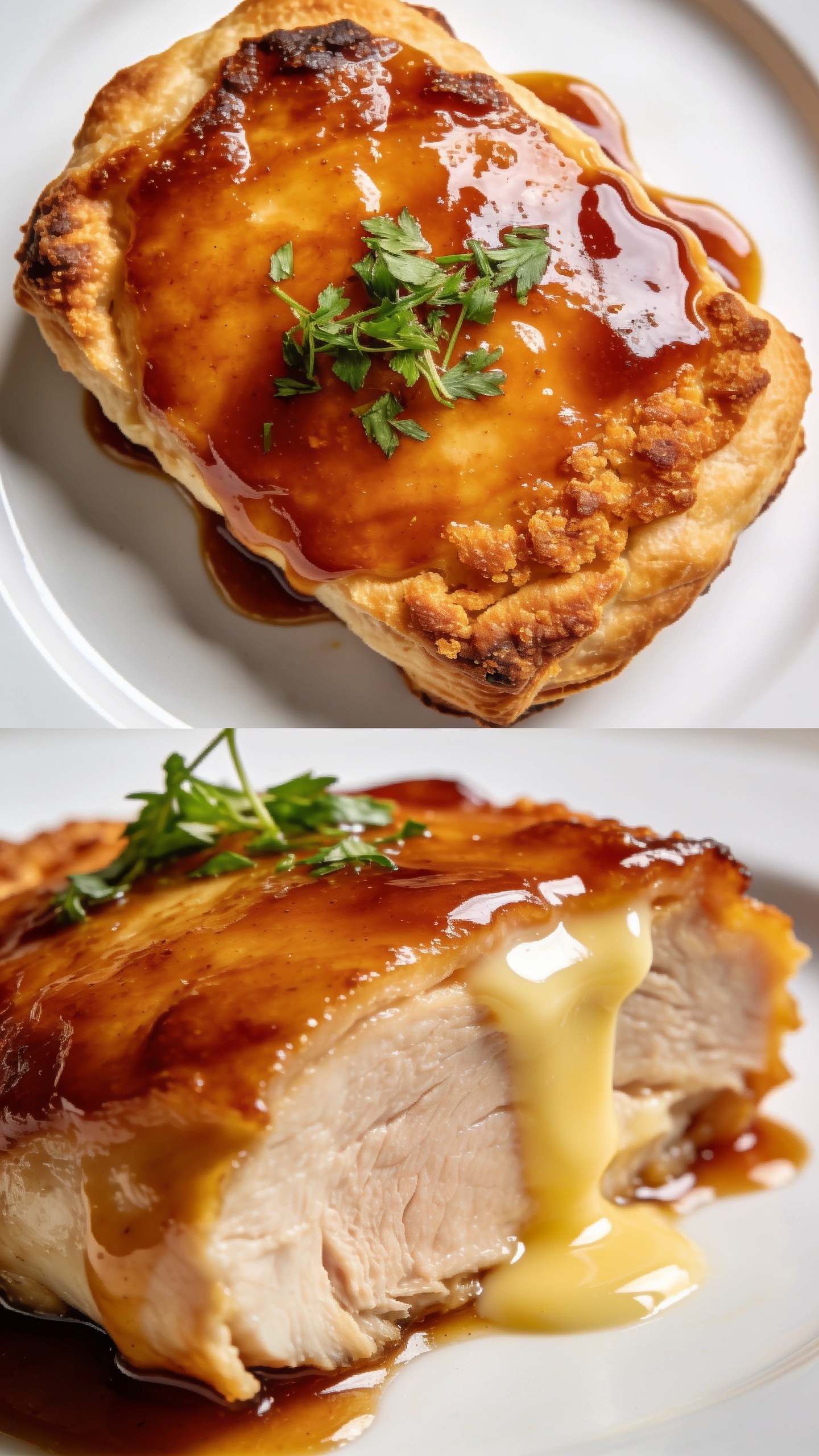 Two more ultra-close, separate-angle stills of the finished dish: 
- angle showing glossy sauce and crispy crust from a slightly angled top-down view with herbs sprinkled, 
- and a side-angle that highlights tender interior and melted butter glaze, both with bright natural lighting, shallow depth of field, food dominating 90–95% of frame, no people.