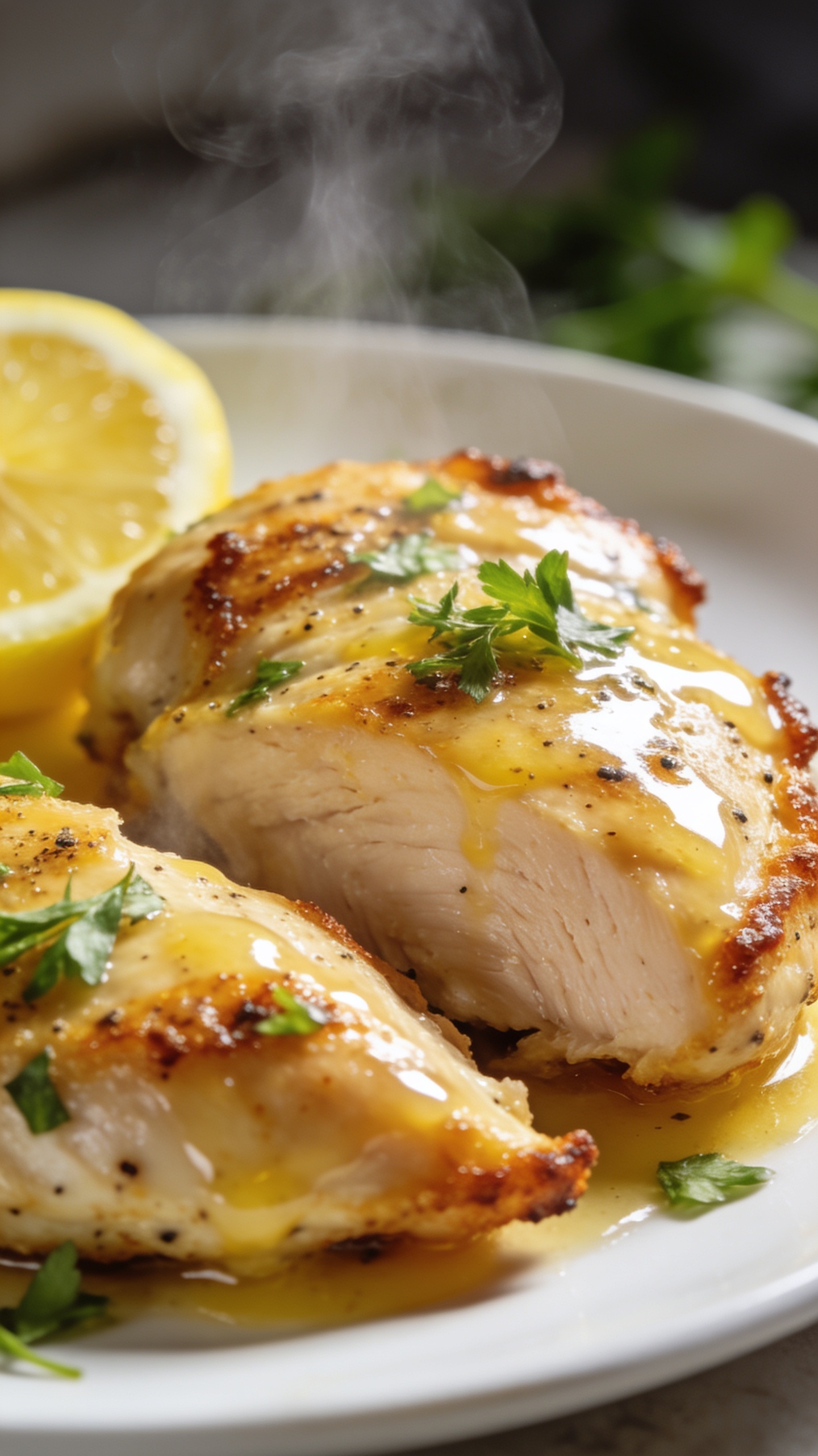 A stunning hero close-up of the finished High Protein Air Fryer Lemon Pepper Chicken on a pristine plate, steam barely rising, glossy lemon glaze catching bright natural light, crispy edges visible, vibrant herbs garnish, shallow depth of field, 90–95% food frame, no hands or people, elevated premium food-blog styling.