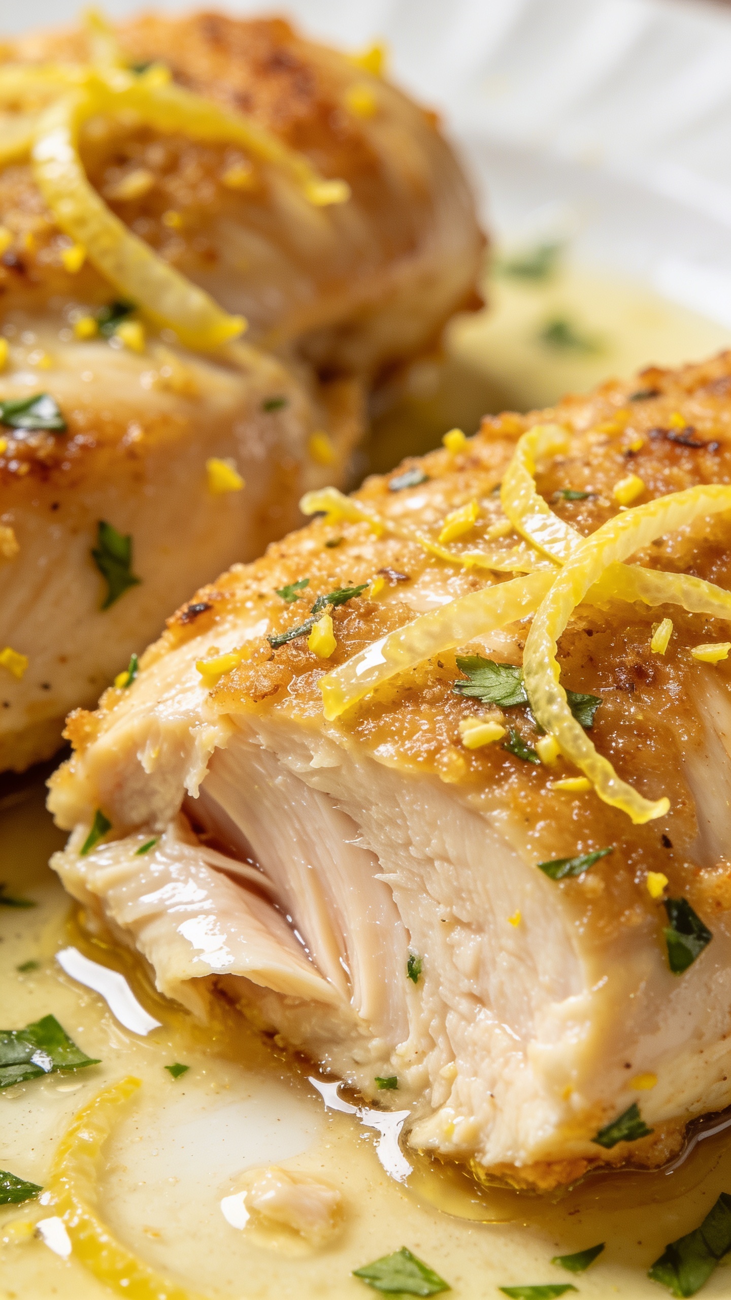 An extreme close-up from a slightly angled side profile of the finished chicken, the thin lemon zest flecked crust, juicy interior visible at the bite, herbs and a light glossy sauce sheen, rich textures, premium food-photo aesthetics, bright natural light, shallow depth of field, 90–95% food frame, no people.