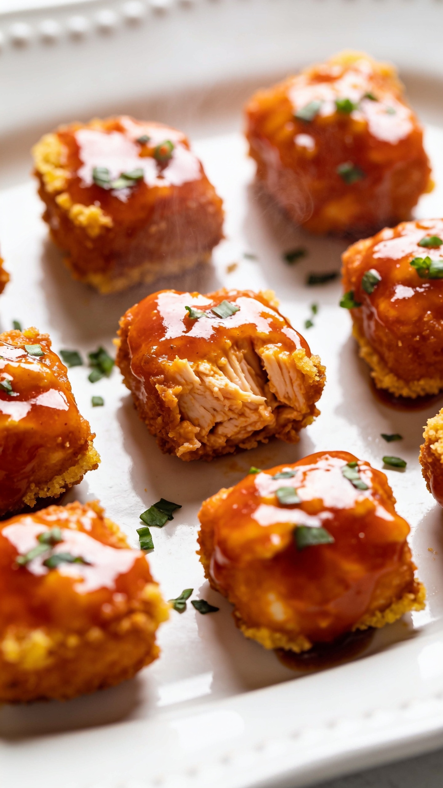 A stunning hero shot of the finished High Protein Air Fryer Buffalo Chicken Bites plated neatly on a white ceramic platter, shimmering with a glossy buffalo sauce glaze, crispy golden edges visible, a slight steam rise, and a sprinkle of chopped green herbs for color. The plate is centered, with bright natural lighting, shallow depth of field, and rich textures to emphasize crisp coating and juicy interior. No hands or utensils in frame; the focus is the plated bites.