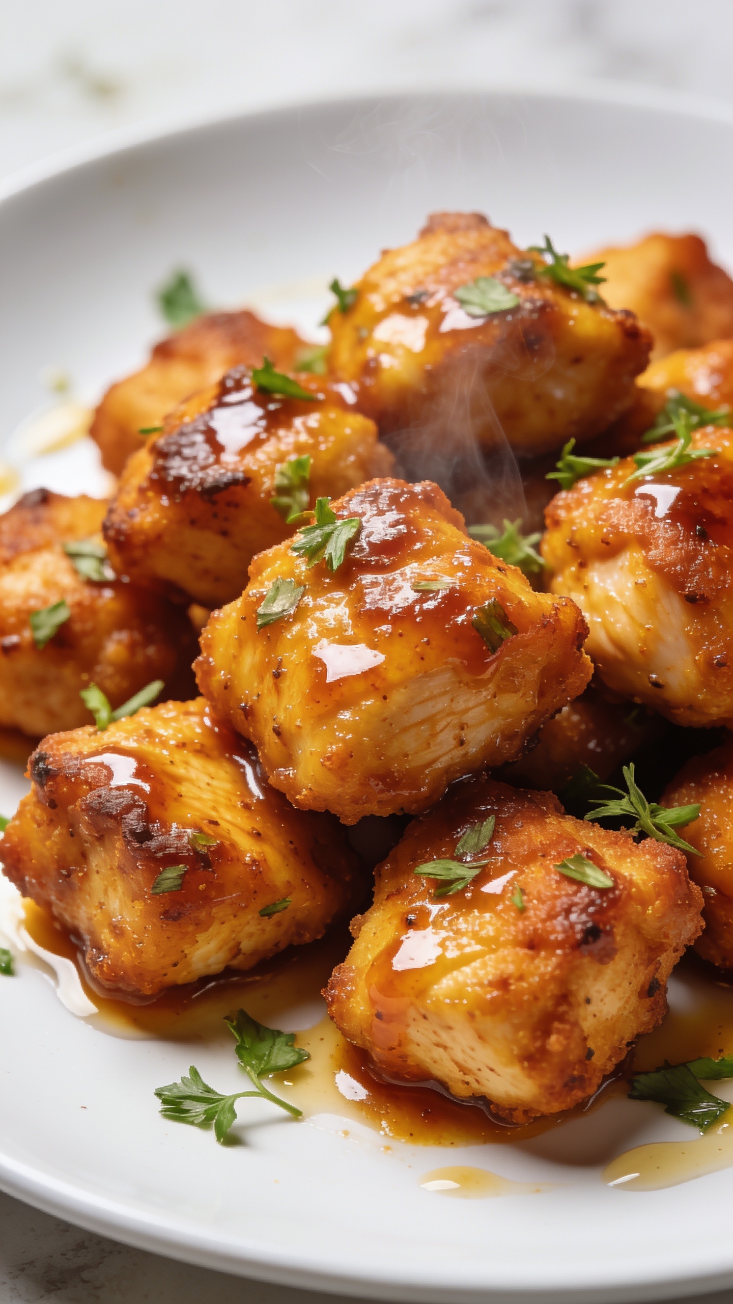 A stunning hero close-up of the finished High Protein Air Fryer Cajun Chicken Bites plated on a sleek white dish, crisply golden-brown exterior, glossy Cajun glaze, nestled among a few scattered fresh herbs and a light drizzle, steam faintly rising, bright natural light, ultra shallow depth of field, the plate occupying 90–95% of the frame with rich textures and vibrant colors.
