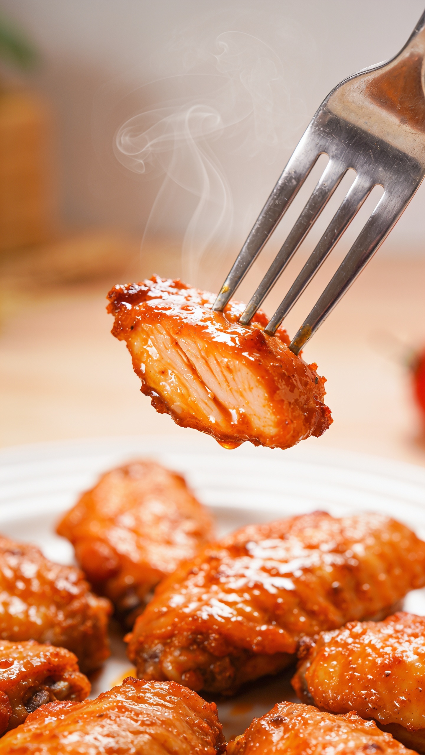 An extreme close-up, dynamic moment without hands: a fork gently lifting a single hot, juicy Cajun chicken bite from the plate, glaze glistening, steam curling, crispy edges visible, focus on the bite and fork tines, shallow depth of field, 90–95% food fill, premium food-blog styling, bright natural lighting.