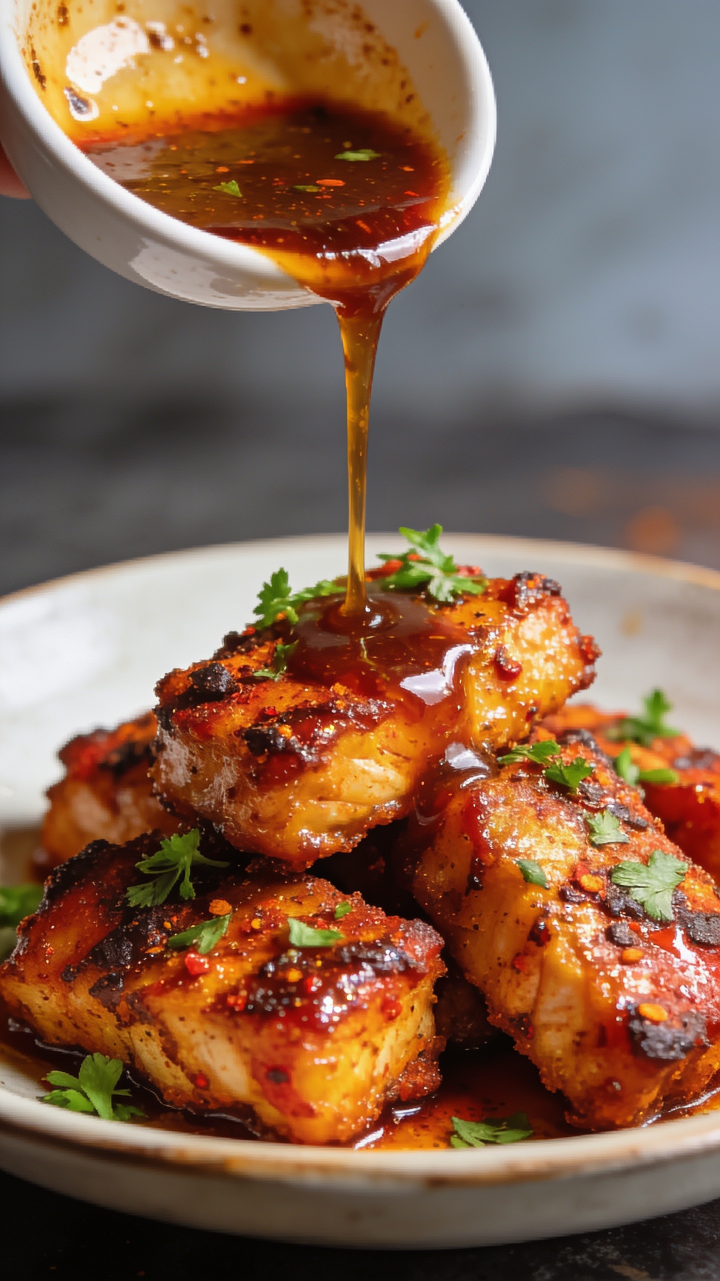 A second close-up from a slightly lower angle showing the finished dish with a glossy sauce being poured over the bites, creating a thin rivulet that clings to the pieces, vibrant Cajun spices visible, crispy crust shimmering, fresh herbs lightly dusting the top, shallow depth of field, bright natural lighting, 90–95% food fill, cohesive look with the hero image.