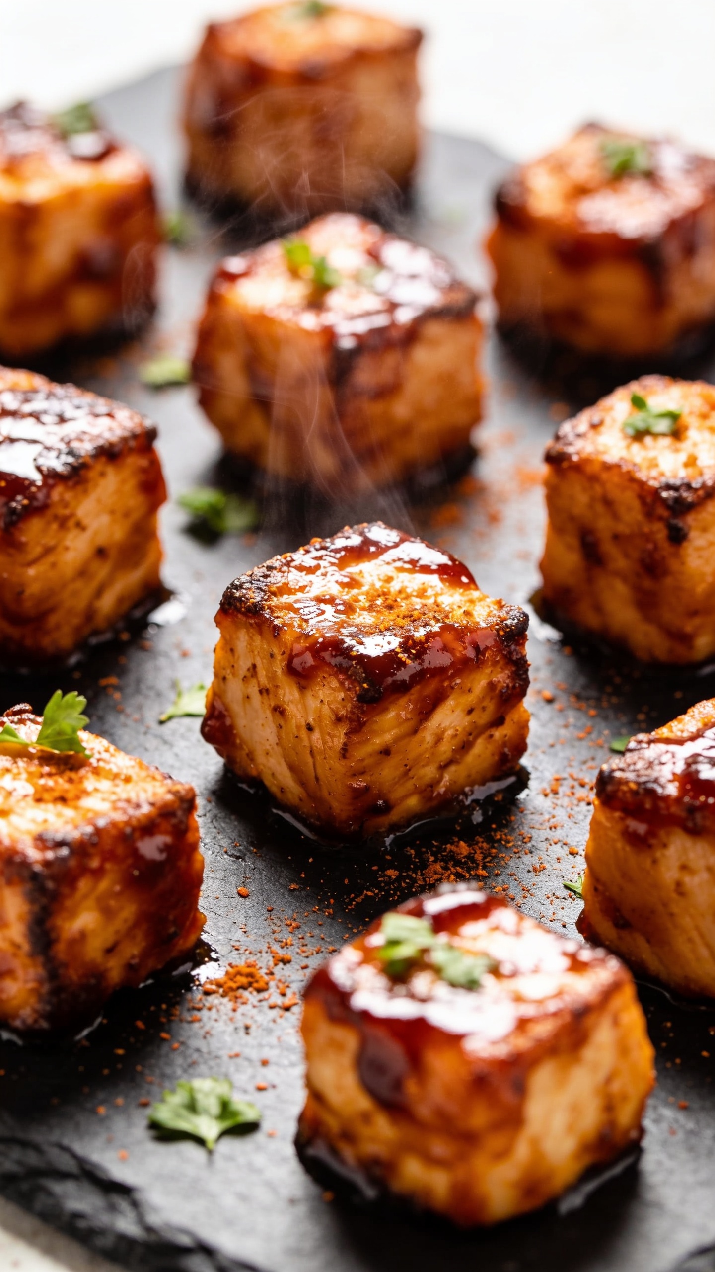 A stunning hero image of the finished High Protein Air Fryer BBQ Chicken Bites plated neatly on a dark slate board, glossy BBQ glaze visibly caramelized on each 1-inch cube, with crisp edges and a light dusting of smoked paprika; steam rising subtly, parsley garnish, natural bright daylight, shallow depth of field, no people, the plate centered, food filling 90-95% of frame.