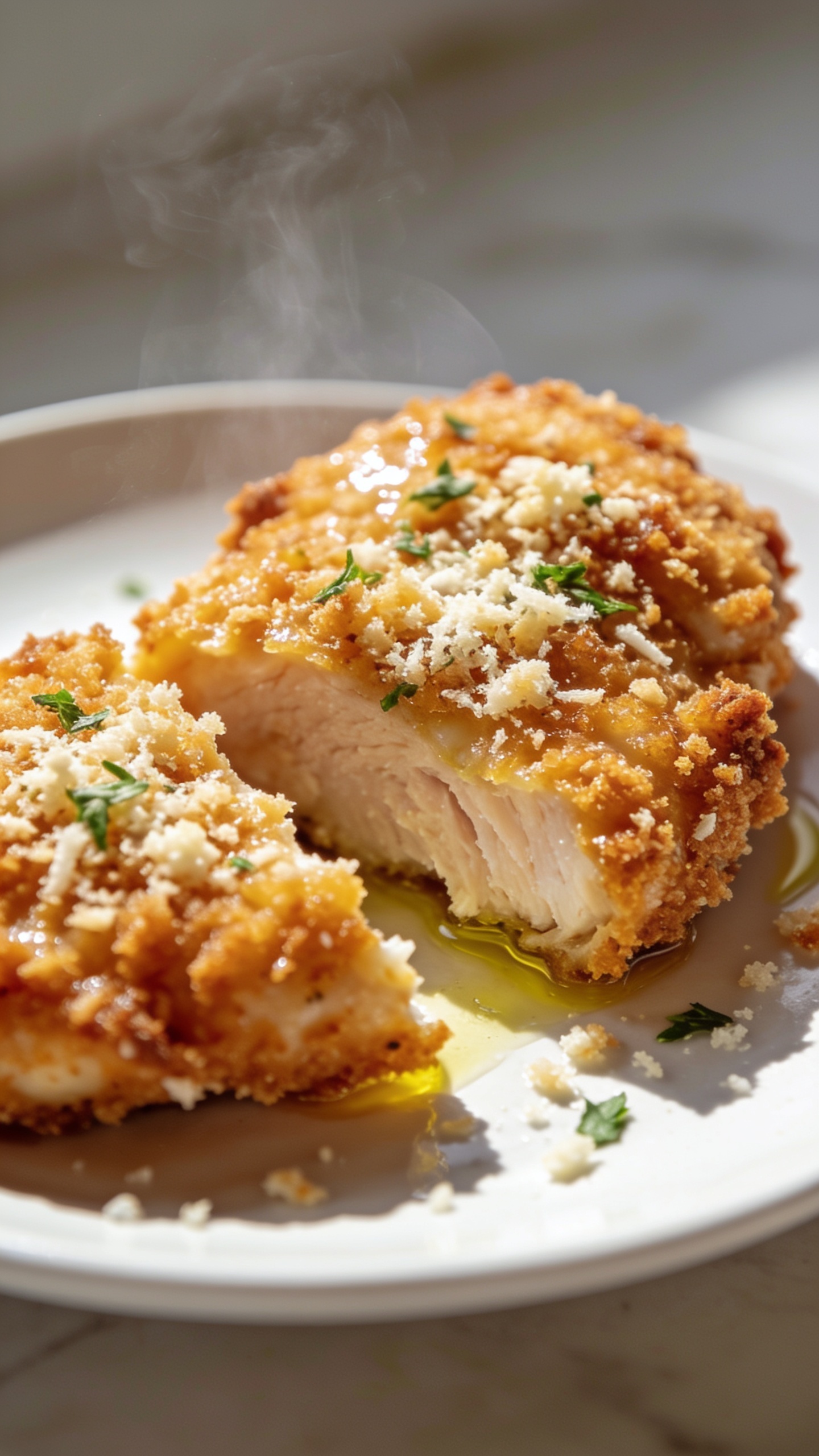 A stunning hero close-up of the finished High Protein Air Fryer Parmesan Crusted Chicken plated on a clean white plate, ultra-crispy golden crust with parmesan crumbs and herbs, glossy subtle olive oil sheen, steam rising faintly, bright natural light, shallow depth of field, background softly blurred to emphasize the crisp edges and juicy interior visible at the bite, no hands or people in frame.