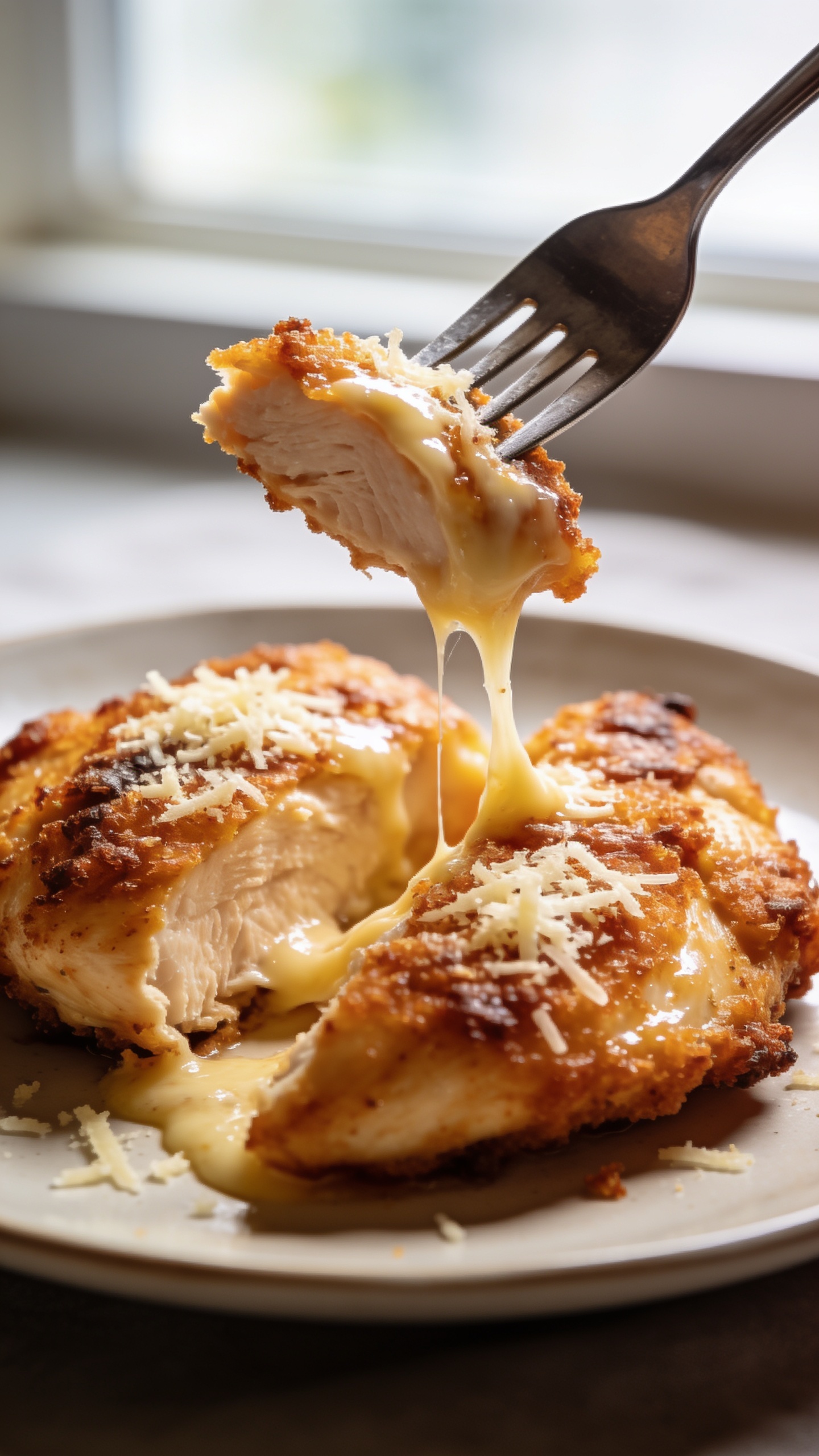 A dynamic, mouth-watering action shot: a fork lifting a perfect bite of the finished chicken from the plate, the fork tip just at the edge of the crispy crust, melted parmesan cheese slightly stretching, plate and backdrop softly blurred, natural window light highlighting the glossy crust and tender interior, food filling 90â95% of frame, no hands visible.