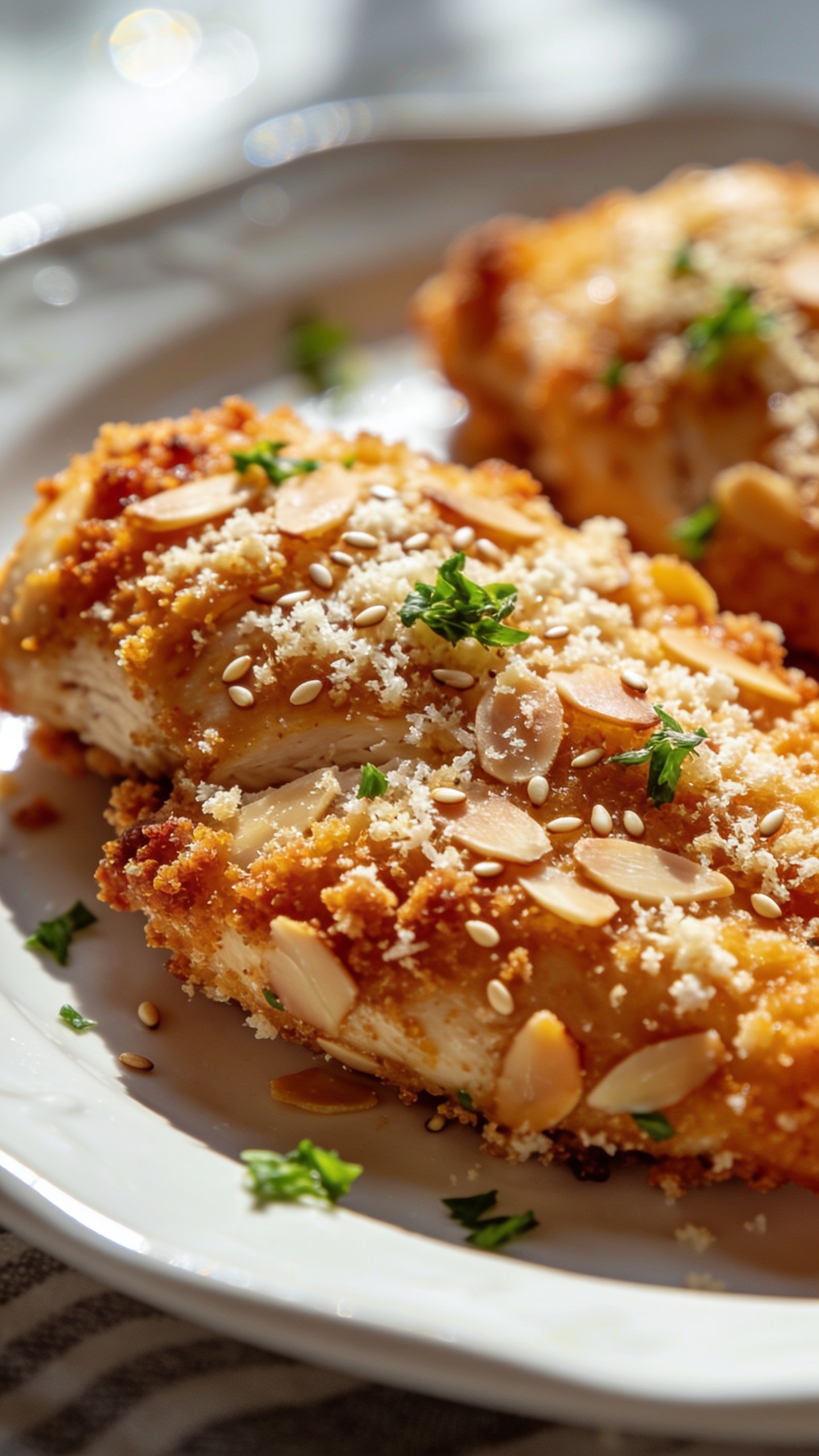 Close-up, ultra-close, premium food-blog style: the finished chicken from a slightly angled top view, focus on crisp crust with parmesan coating, almond flour texture, tiny sesame or fresh herb specks sprinkled on top, vibrant color contrast between chicken and plate, shallow depth of field with background bokeh, bright natural lighting, food occupying most of the frame, no people or utensils in view.