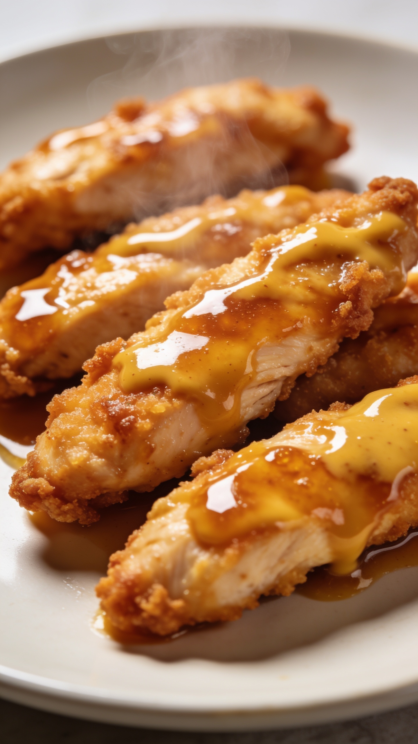 A stunning hero shot of the finished High Protein Air Fryer Honey Mustard Chicken plated perfectly: glossy honey-mustard glaze coating tender crispy chicken strips arranged on a clean plate, steam faintly rising, bright natural light, ultra-close-up, shallow depth of field, rich textures and colors, no text, 90–95% frame fill.
