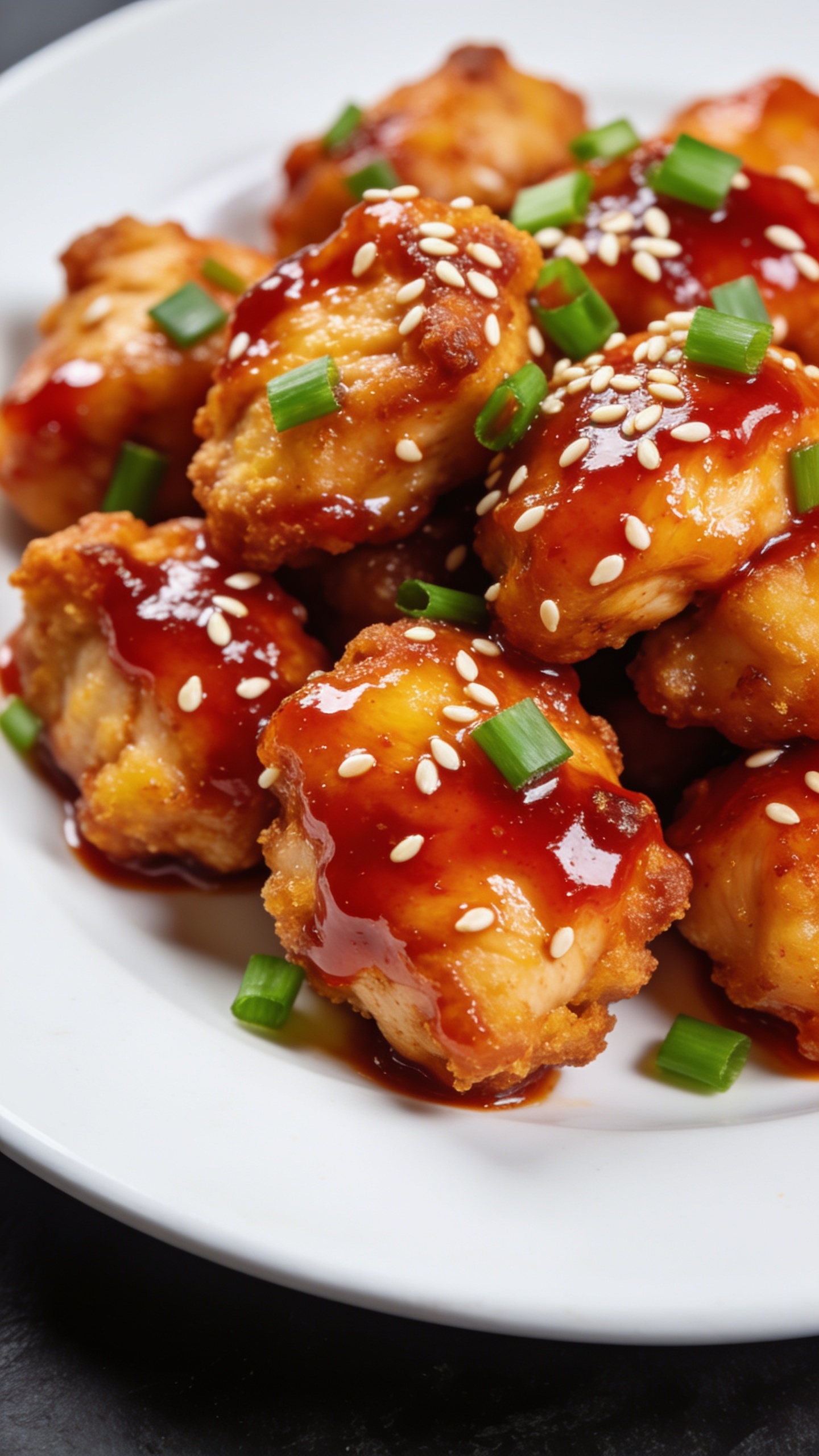 A stunning hero image of the finished High Protein Air Fryer Sweet Chili Chicken plated on a clean white plate, glossy sweet chili glaze shimmering over crispy, golden-brown chicken bites, sesame seeds and chopped green onions sprinkled on top, vibrant color balance, warm natural light, shallow depth of field, no people, food occupying 90-95% of frame.