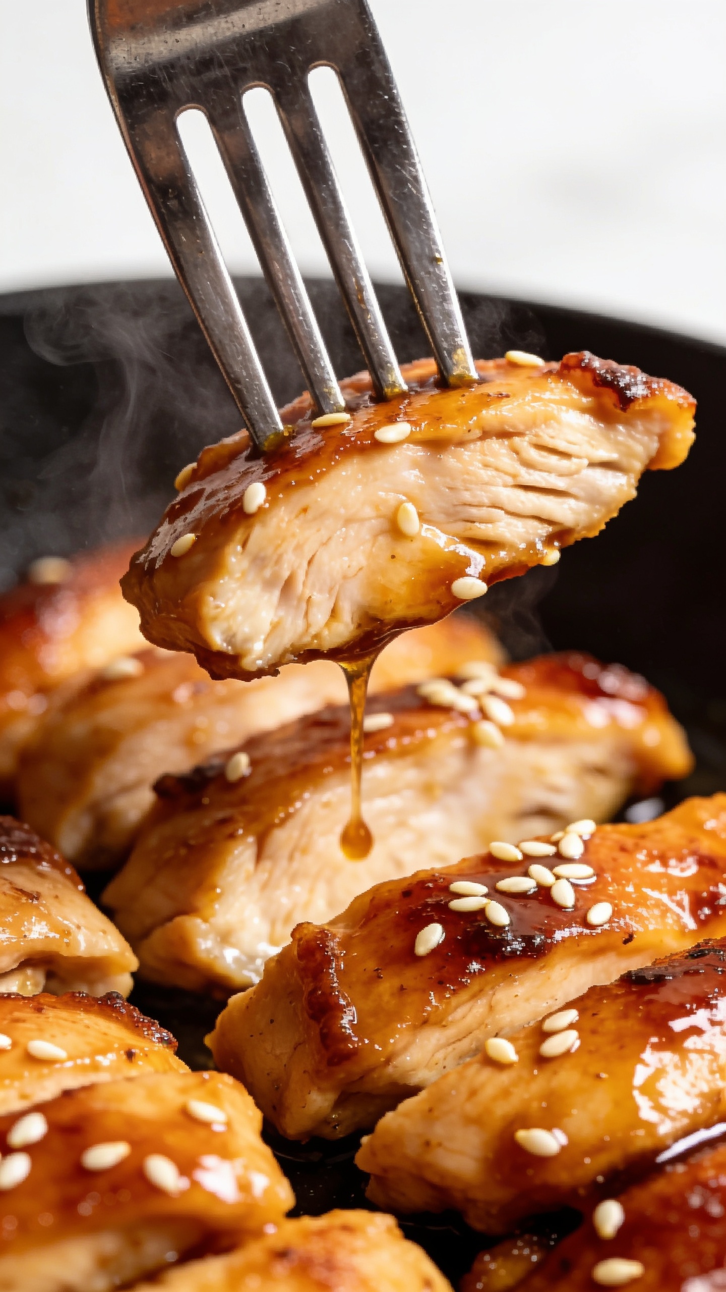 A dynamic close-up action shot of a fork lifting the perfect bite of the finished dish, the juicy chicken breast pieces glistening with glaze, steam barely visible, sauce trailing from the bite, crisp edges and sesame seeds catching highlights, bright natural lighting, ultra-close composition, food filling 90-95% of frame, no hands or faces.
