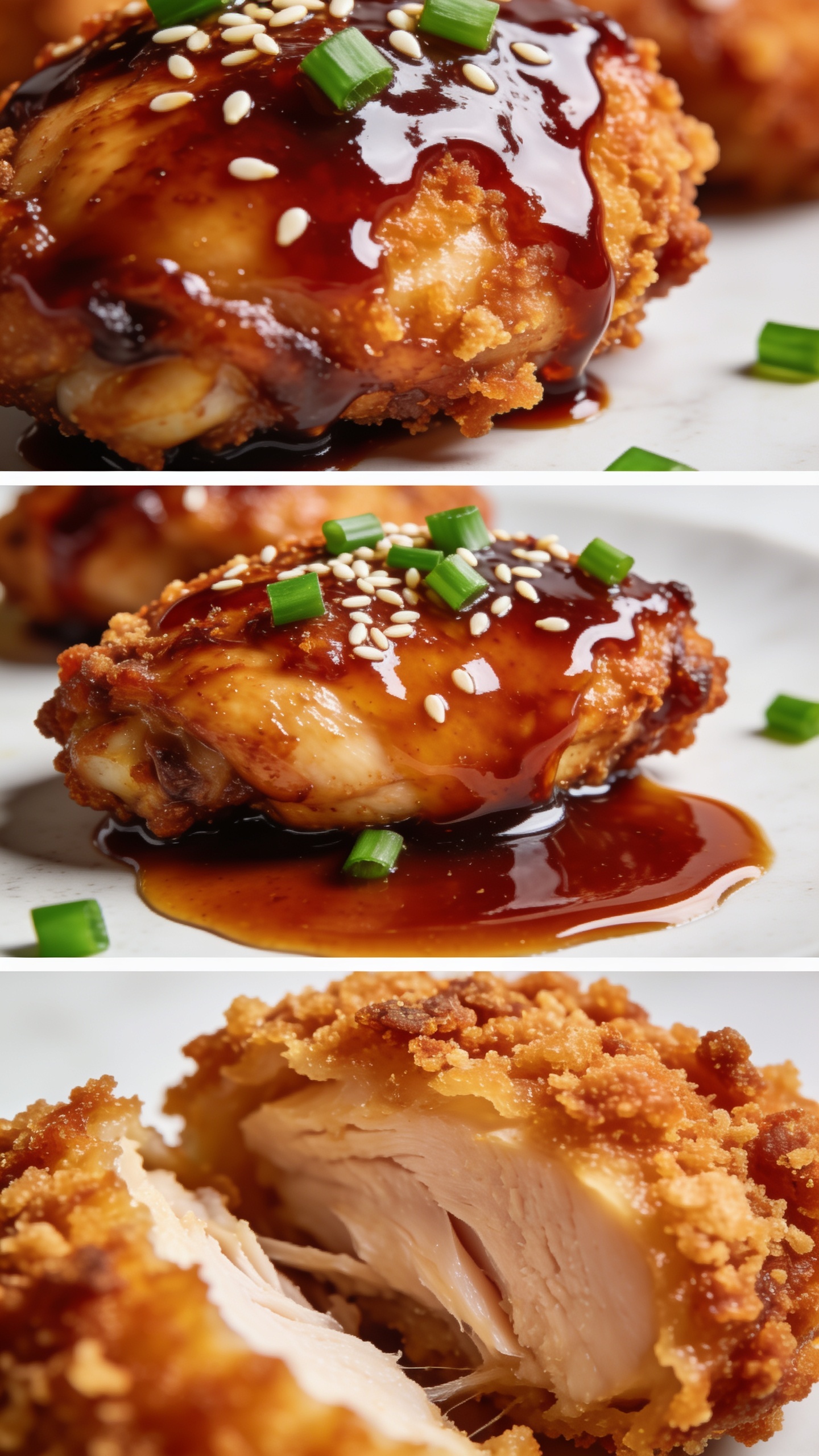 A series of ultra-close magazine-cover style close-ups of the same finished recipe from different angles: one angle focusing on the glossy glaze and crispy coating, another angle highlighting melted glaze pooling around the chicken with sesame seeds and green onions, and a third macro shot showing texture of the crumb crust and juiciness inside, all with vibrant colors, premium food-blog styling, shallow depth of field, 90-95% food in frame, bright natural light.