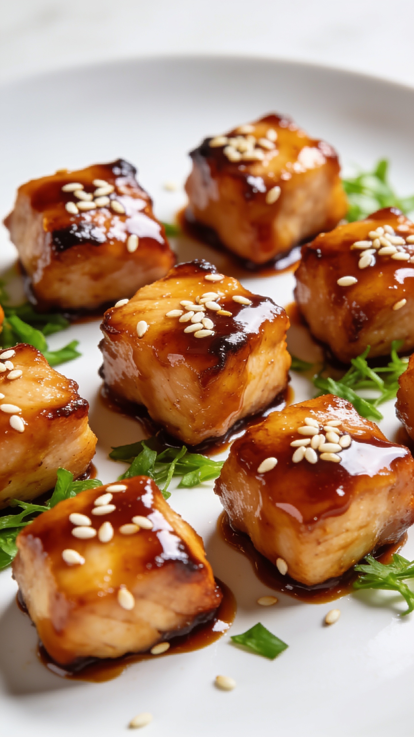 A stunning hero shot of the finished High Protein Air Fryer Teriyaki Chicken: glossy, caramelized 1-inch chicken bites arranged on a pristine plate with a radiant glaze, sesame seeds sprinkled, vibrant greens of garnish, all under bright natural light with ultra-close-up focus capturing the juicy edges and shimmering sauce. No people, no hands, no text.