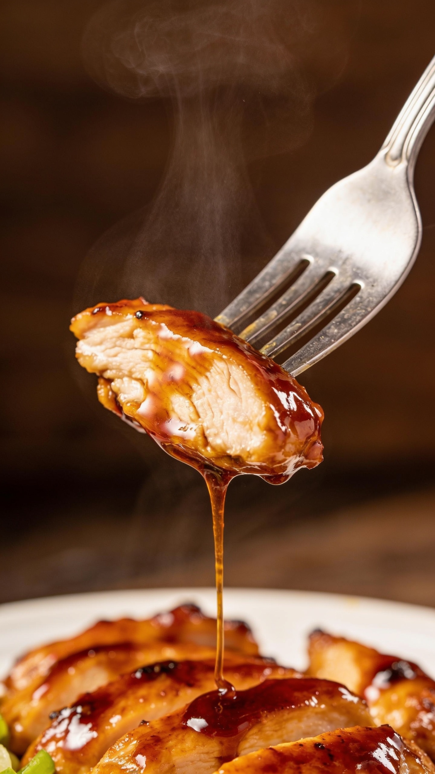 A dynamic close-up action shot: a fork lifting a perfect bite of the teriyaki chicken from the plate, sauce trailing in a glossy ribbon, steam just starting to rise, the bite showing juicy interior and lacquered exterior, shallow depth of field, warm natural lighting, food filling 90–95% of frame, no hands or faces.
