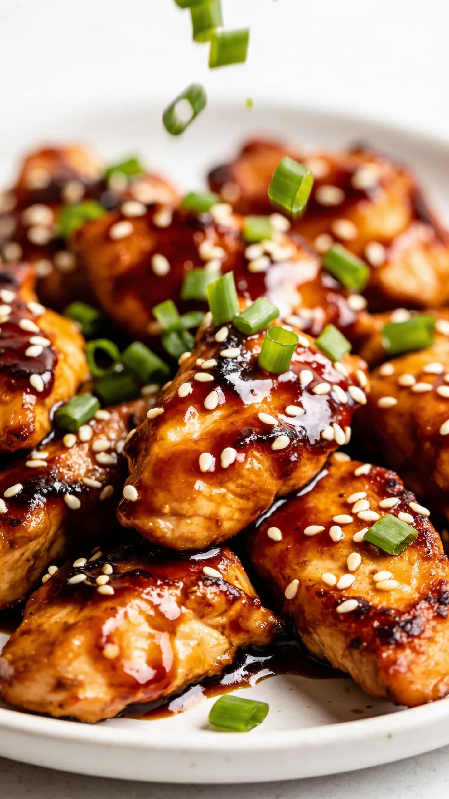 A close-up, ultra-mine shot from a slightly higher angle: the finished teriyaki chicken plate photographed at extreme close range, the glossy sauce coating each piece, sesame seeds and chopped green onions falling gently onto the dish, vibrant colors and crispy edges emphasized, bright natural light, shallow depth of field, no utensils visible in this frame.