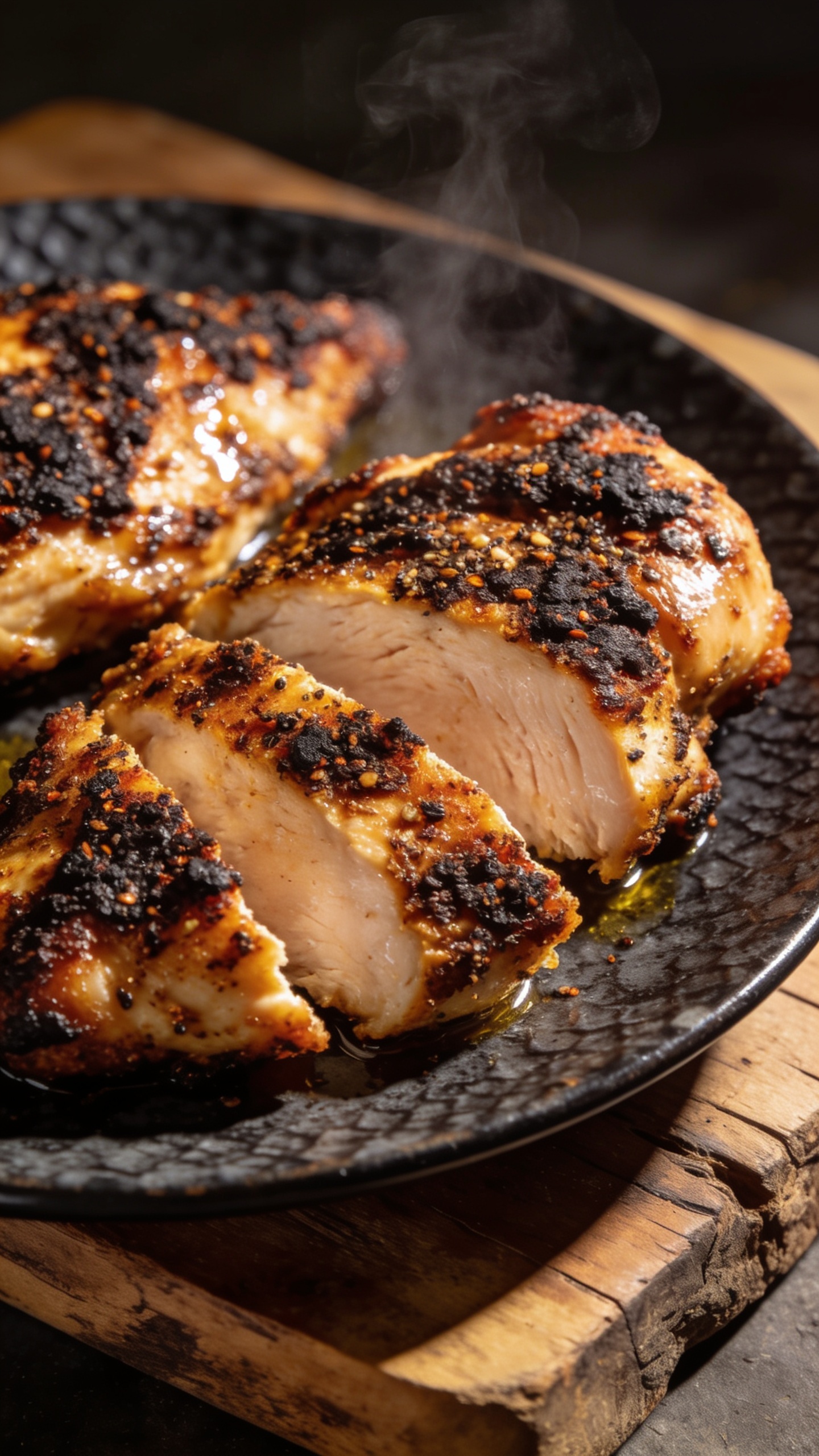 A stunning hero shot of the finished High Protein Air Fryer Blackened Chicken plated beautifully on a dark, textured plate, with a crisp, peppery crust visible, glistening with a light oil sheen and subtle steam. The plate sits on a rustic wooden board, bright natural light from the side highlights the juicy interior and crispy edges, no people or hands in frame, ultra-close-up to emphasize texture and color.