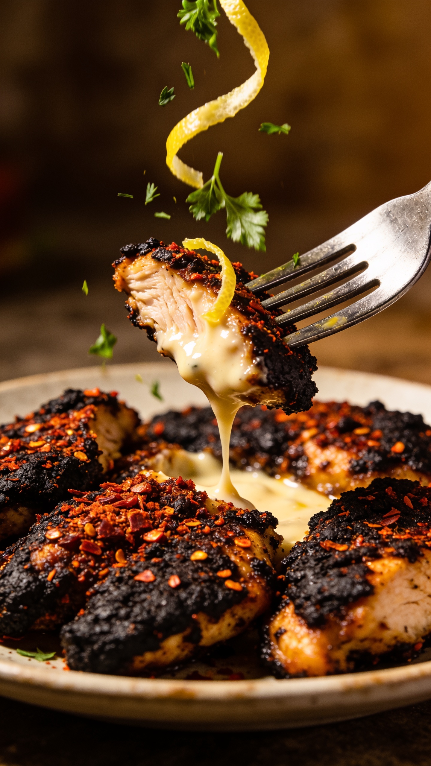 A dynamic close-up action shot: a fork lifting the perfect bite of blackened chicken from the plate, the glossy chili-crust coating catching the light, a hint of lemon zest and fresh herbs just about to fall onto the bite, shallow depth of field with a creamy sauce or drizzle visible on the fork tines, food filling most of the frame, no hands.