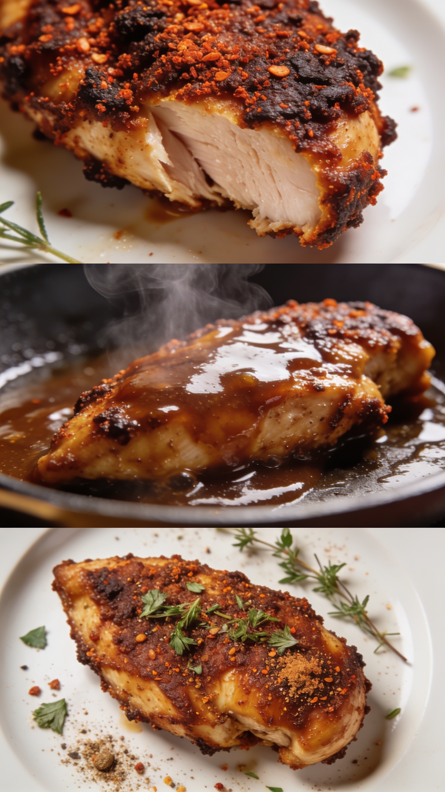 Three ultra-close-up, premium food-blog style angles of the finished chicken: (a) extreme close-up of the crispy, paprika-dark crust with juicy meat visible at the edge, (b) side-angle highlight of the glistening sauce coating and steam rising, (c) top-down shot emphasizing herbs, spice dust, and peppery crust, all with bright natural light, rich textures, and a shallow depth of field, no hands or people.