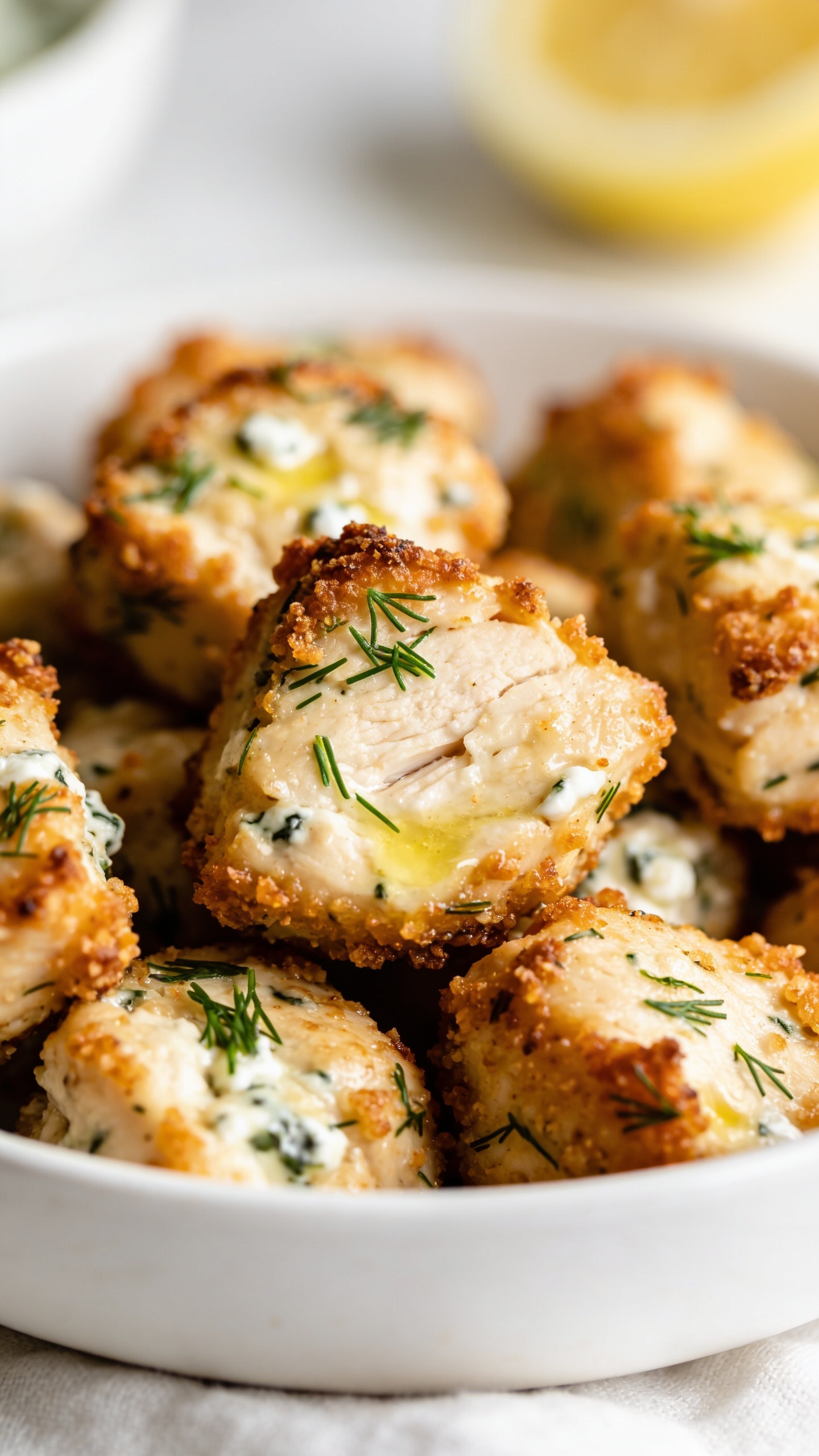A stunning hero close-up of the finished High Protein Air Fryer Greek Chicken Bites plated on a pristine white dish, with glistening crispy edges, emerald dill flecks, and a light lemony glow; no hands, just the plate, shot with bright natural light and a shallow depth of field that makes the chicken bites dominate the frame.
