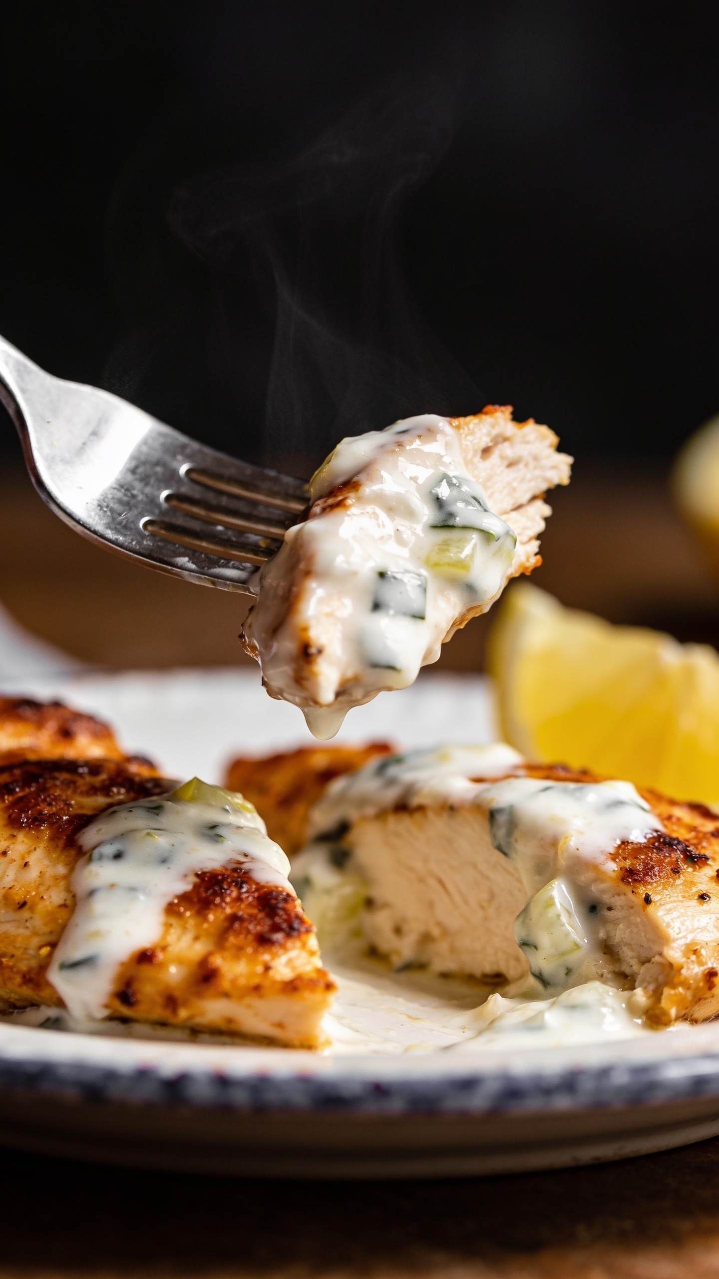 A dynamic action shot, the fork lifting the perfect bite of the finished Greek chicken from the plate; the glossy yogurt-lemon marinade catches the light, steam wisps rising subtly, crisp coating visible, macro shot with 90–95% food fill and ultra-close focusing to highlight juiciness and texture.