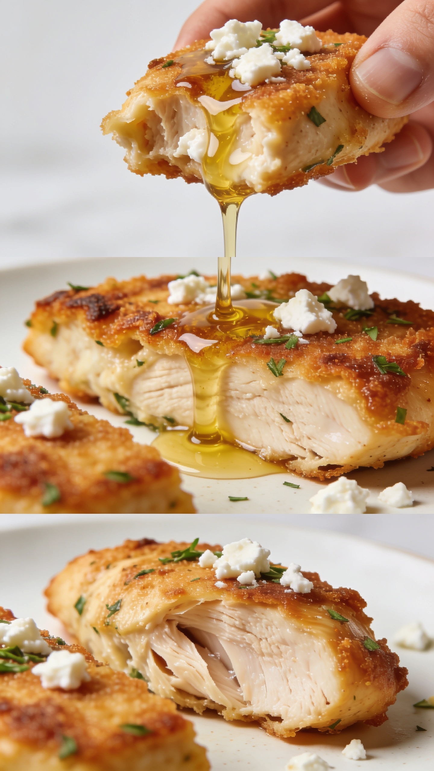 A trio of ultra-close, close-up angles of the finished recipe from different perspectives, focusing on: 1) a bite with a cascadings of olive oil and feta crumbles, 2) crispy edges and herb-speckled surface, and 3) internal juicy chicken texture just visible through the crust; bright natural lighting, shallow depth of field, premium food-blog styling, food occupying 90–95% of frame, no people.