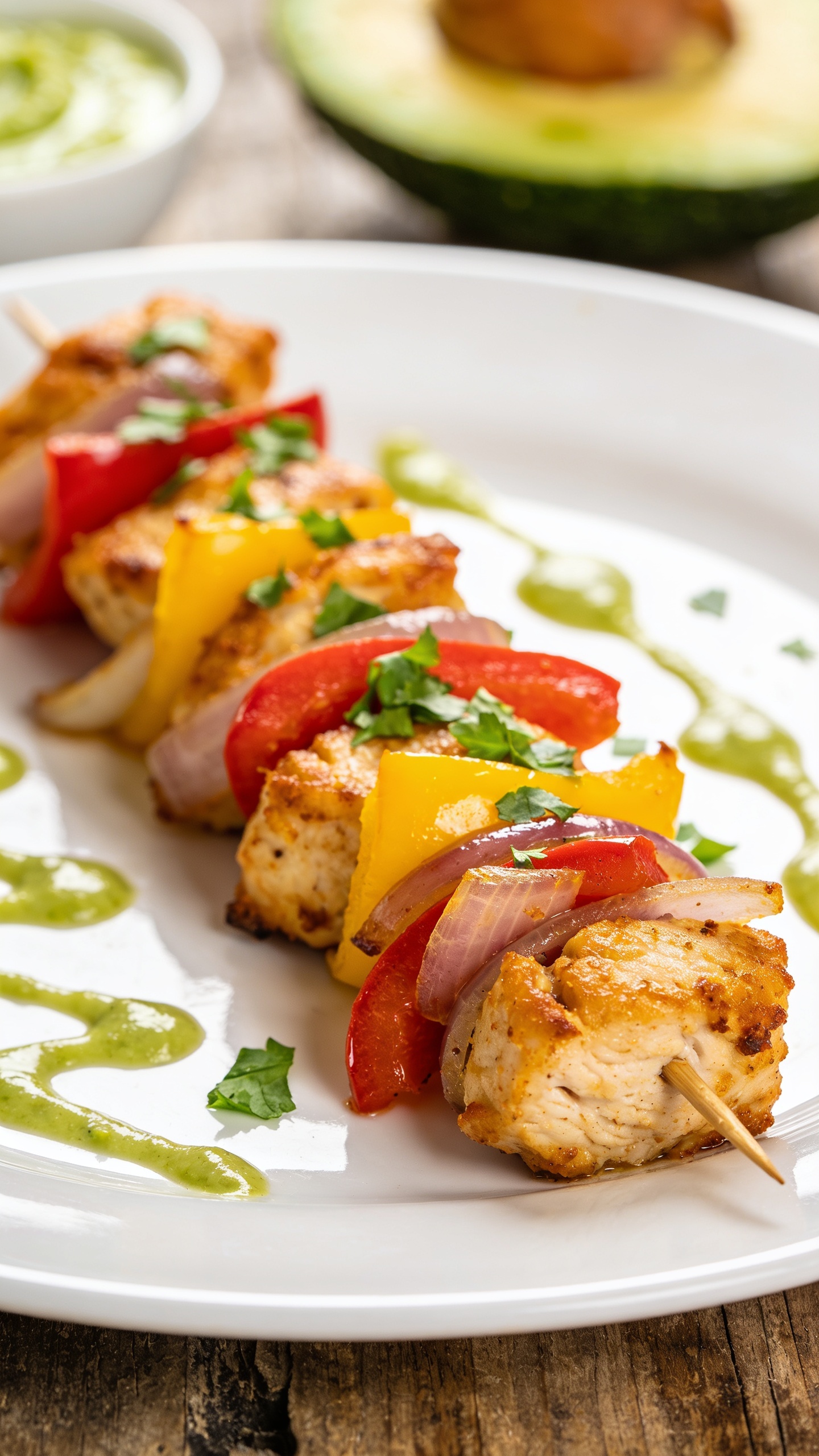 A stunning hero close-up of the finished High Protein Air Fryer Chicken Fajita Bites plated neatly on a glossy white plate with a vibrant mix of golden-crisp chicken bites, red and yellow bell pepper pieces, and onions, garnished with fresh cilantro; the plate sits on a rustic wood table with bright natural light highlighting the crispy edges and juicy interiors, no text, 90â95% frame filled by the food, shallow depth of field, rich textures and glossy avocado-lime drizzle visible in the background.